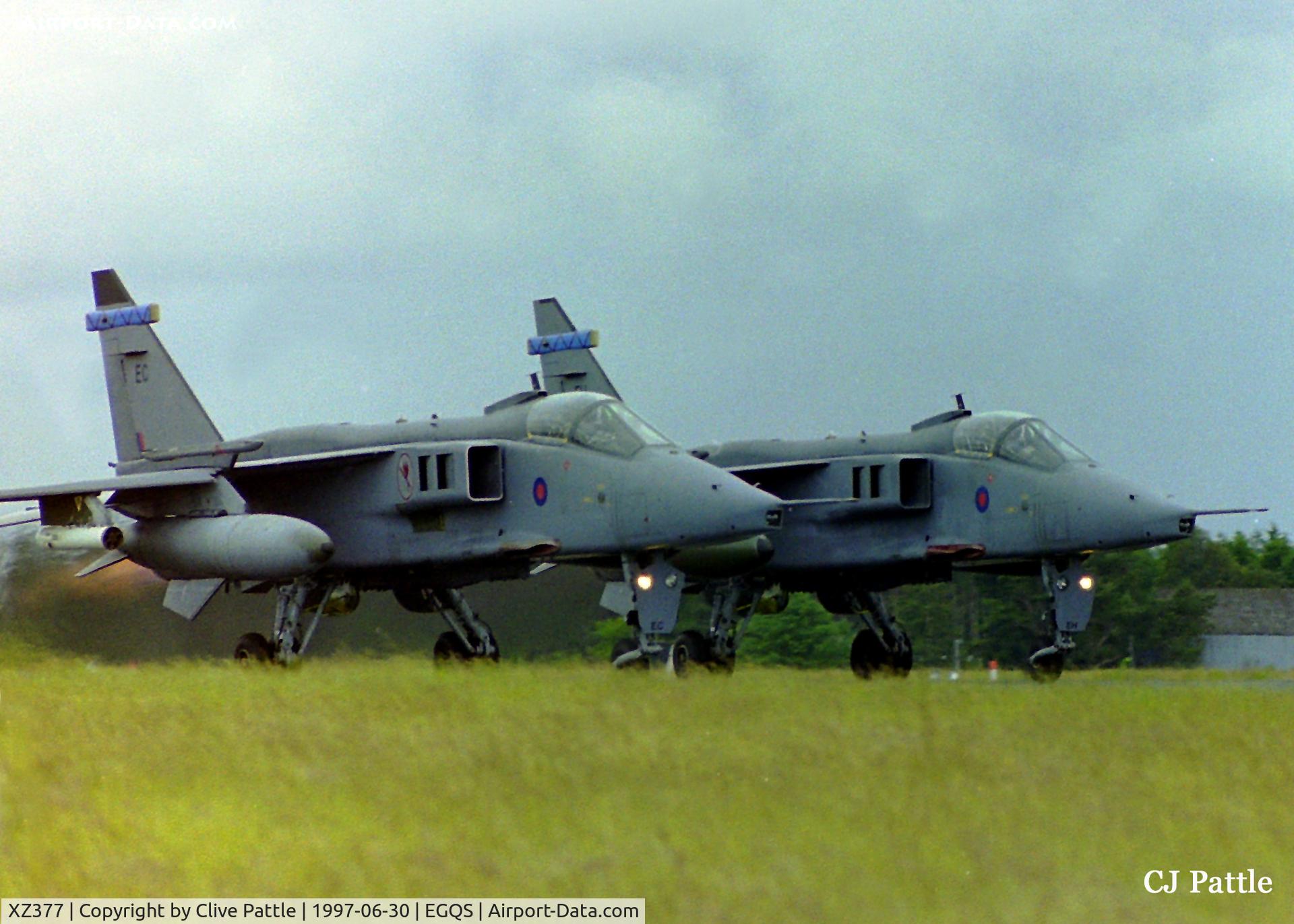 XZ377, 1977 Sepecat Jaguar GR.1A C/N S.144, Tactical dual takeoff from RAF Lossiemouth EGQS with XZ377 coded 'EC' on left with XX970 coded 'EH' on the right, both from 6 Sqn RAF. Pictured scanned from an old neg (my latest project).