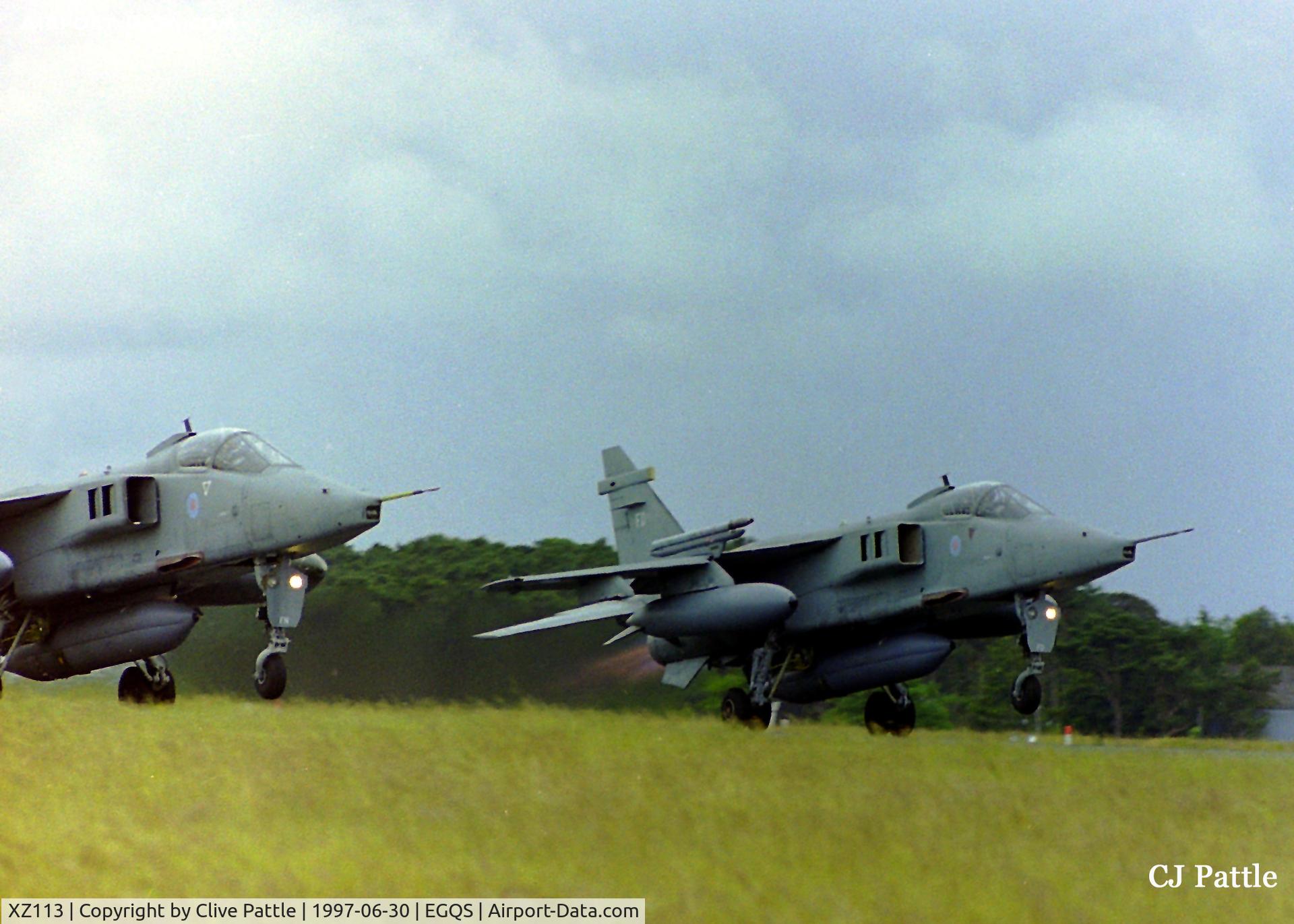 XZ113, 1976 Sepecat Jaguar GR.3 C/N S.114, Pictured on the right in a tactical dual take off from RAF Lossiemouth EGQS whilst coded 'FD' along with XZ360, coded 'FN' both 41 Sqn RAF