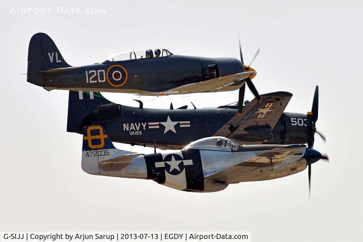 G-SIJJ, 1944 North American P-51D Mustang C/N 122-31894 (44-72035), 'Jumpin Jacques' in close formation at RNAS Yeovilton Air Day 2013.