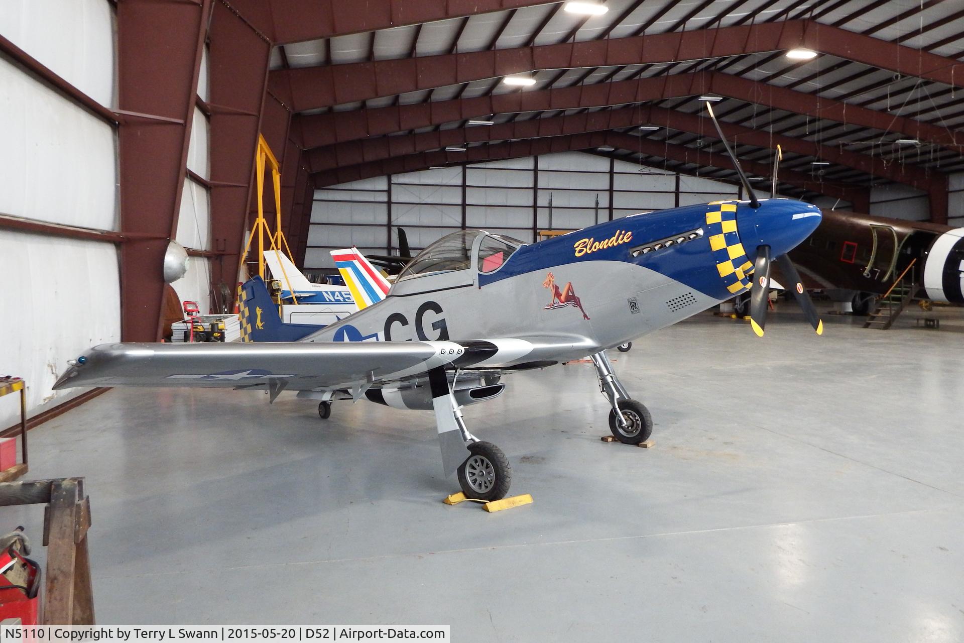 N5110, 2005 Titan T-51 Mustang C/N M03XXXSOHK0021, Parked in the big hangar at the Geneseo, NY airport.