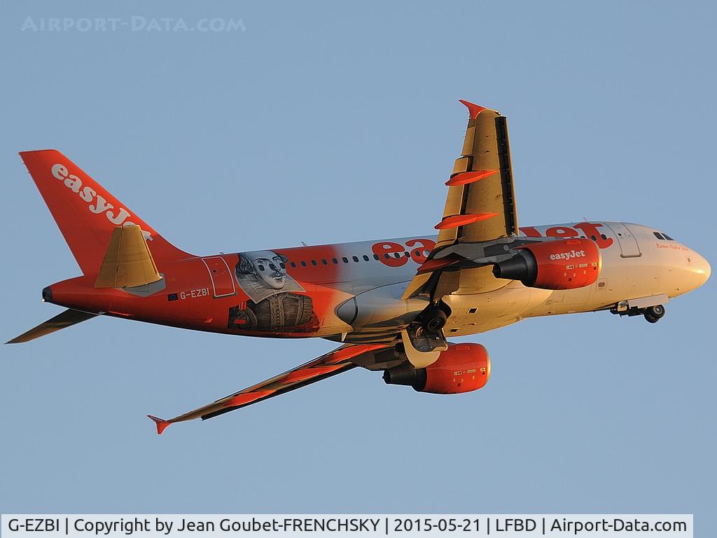 G-EZBI, 2006 Airbus A319-111 C/N 3003, Shakespeare special colors take off to Lyon