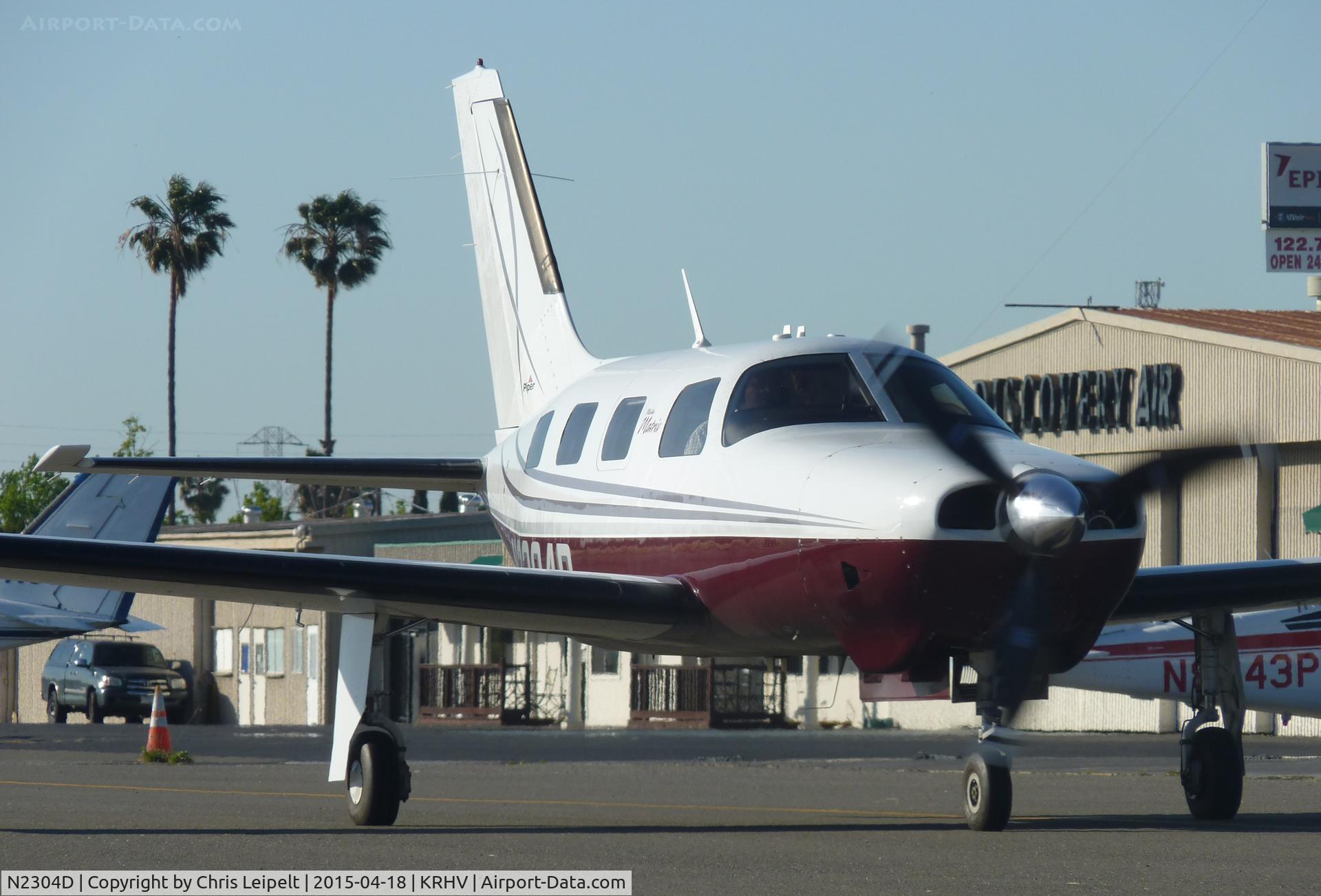 N2304D, 2010 Piper PA-46R-350T Malibu Matrix C/N 4692154, A local Piper Malibu Matrix taking to the inside ramp to drop off a passenger at the terminal after a VFR flight from Big Bear. Photo taken at Reid Hillview Airport, CA.