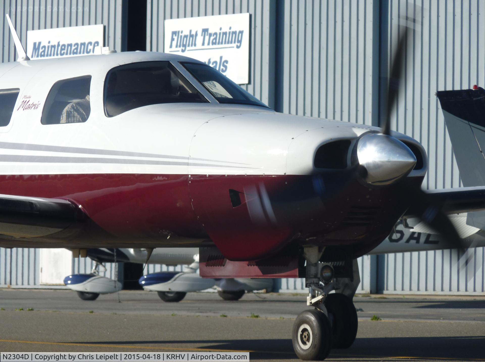 N2304D, 2010 Piper PA-46R-350T Malibu Matrix C/N 4692154, A local Piper Malibu Matrix taking to the inside ramp to drop off a passenger at the terminal after a VFR flight from Big Bear. Photo taken at Reid Hillview Airport, CA.