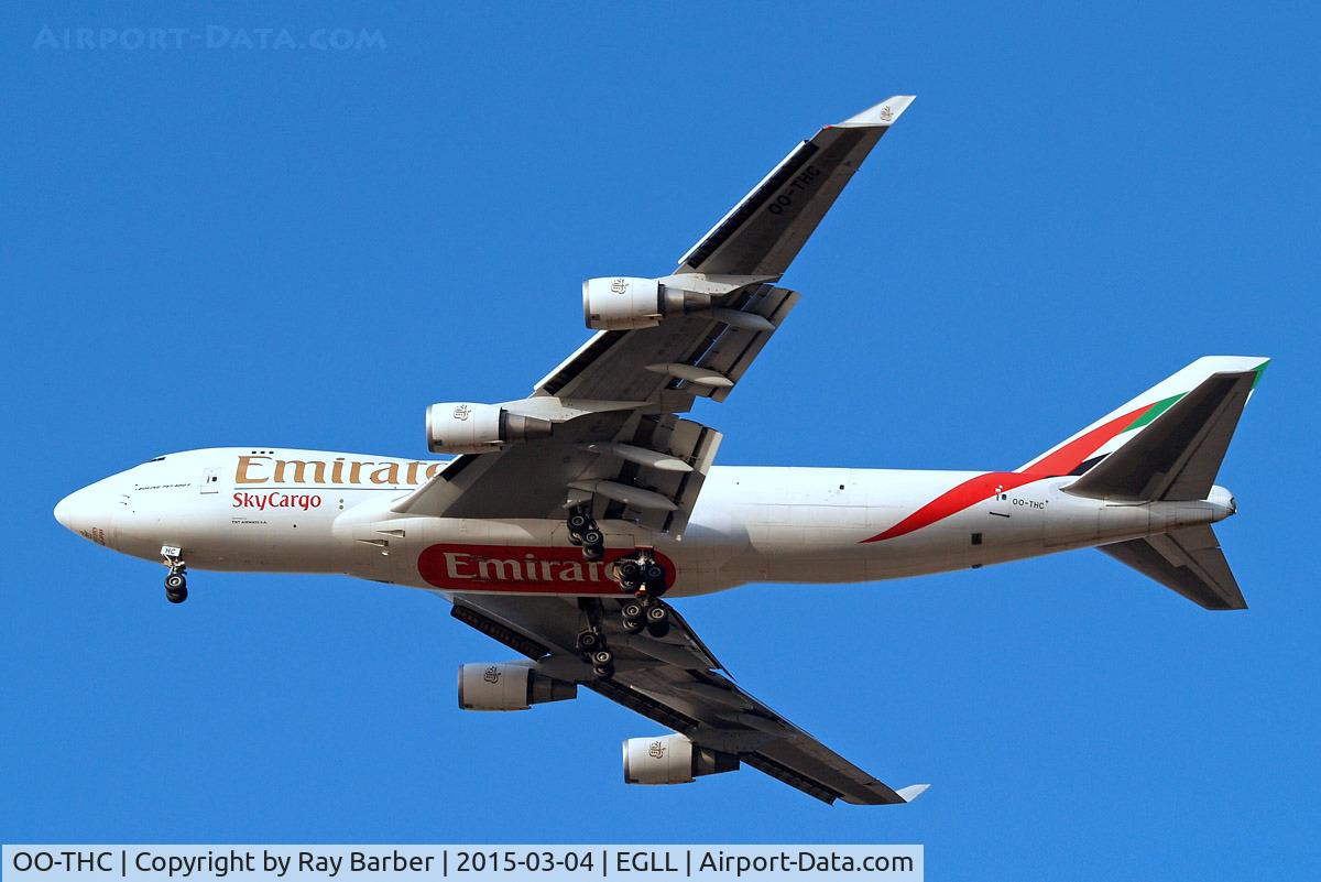 OO-THC, 2007 Boeing 747-4HAERF C/N 35235, Boeing 747-4HAERF [35235] (Emirates Airlines) Home~G 04/03/2015. On approach 27R.