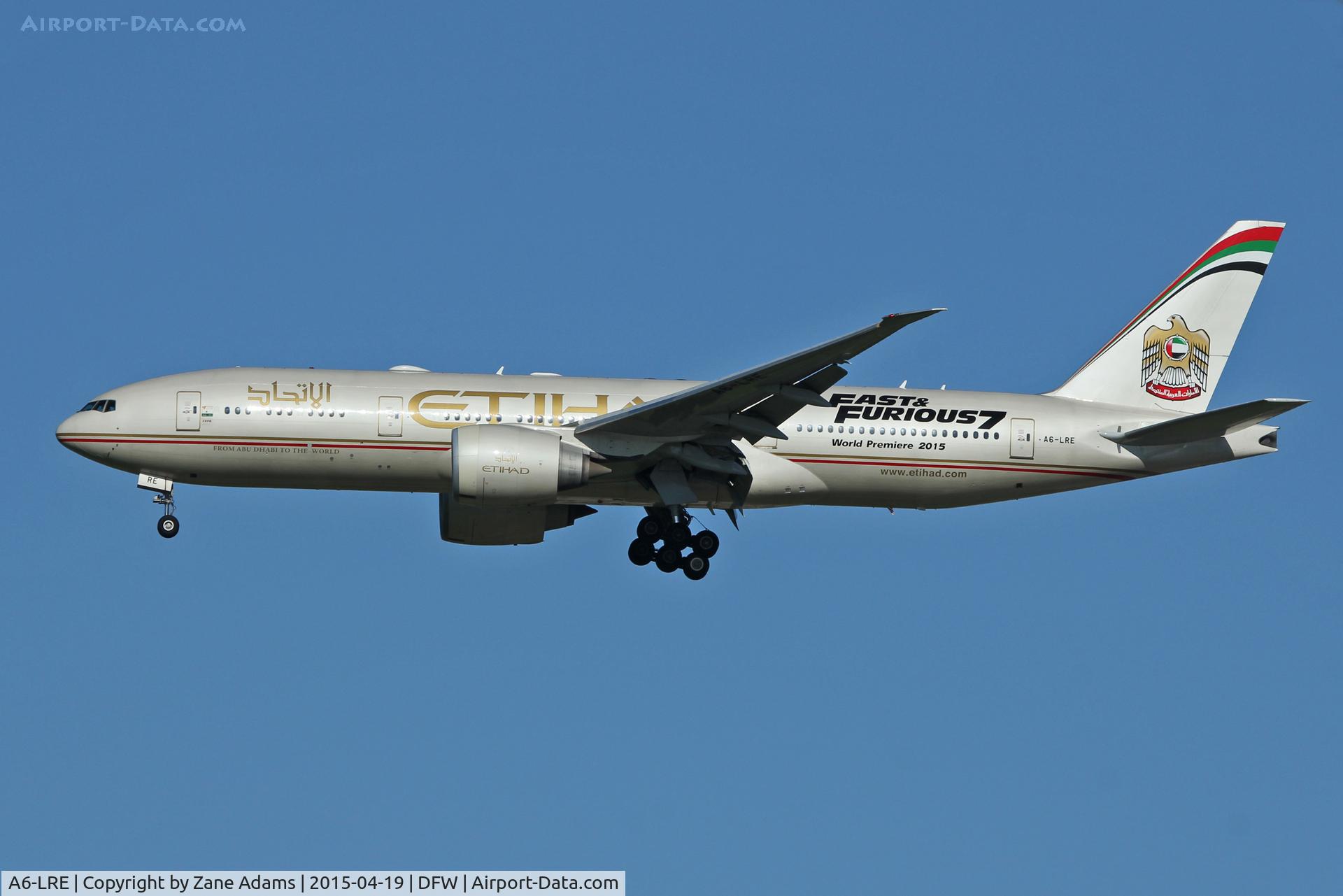 A6-LRE, 2008 Boeing 777-237/LR C/N 36304, Etihad Fast and Furious special livery Landing at DFW Airport