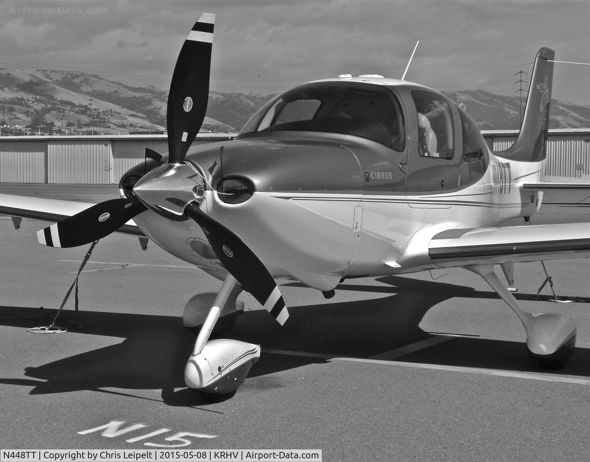 N448TT, 2008 Cirrus SR22 G3 GTSX Turbo C/N 3073, A local(?) 2008 Cirrus SR22 parked at the south tie downs. It was a transient 2 days before I took this picture but somehow it ended up at the south tie downs. It might be local but I've never seen it here before. Photo taken at Reid Hillview, CA.