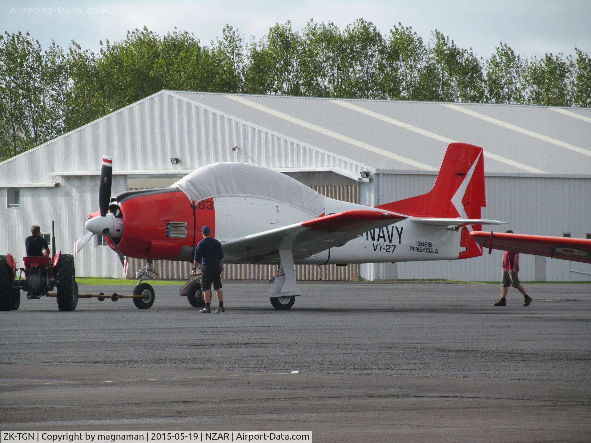 ZK-TGN, 1954 North American T-28B Trojan C/N 200-289, towing out of hangar