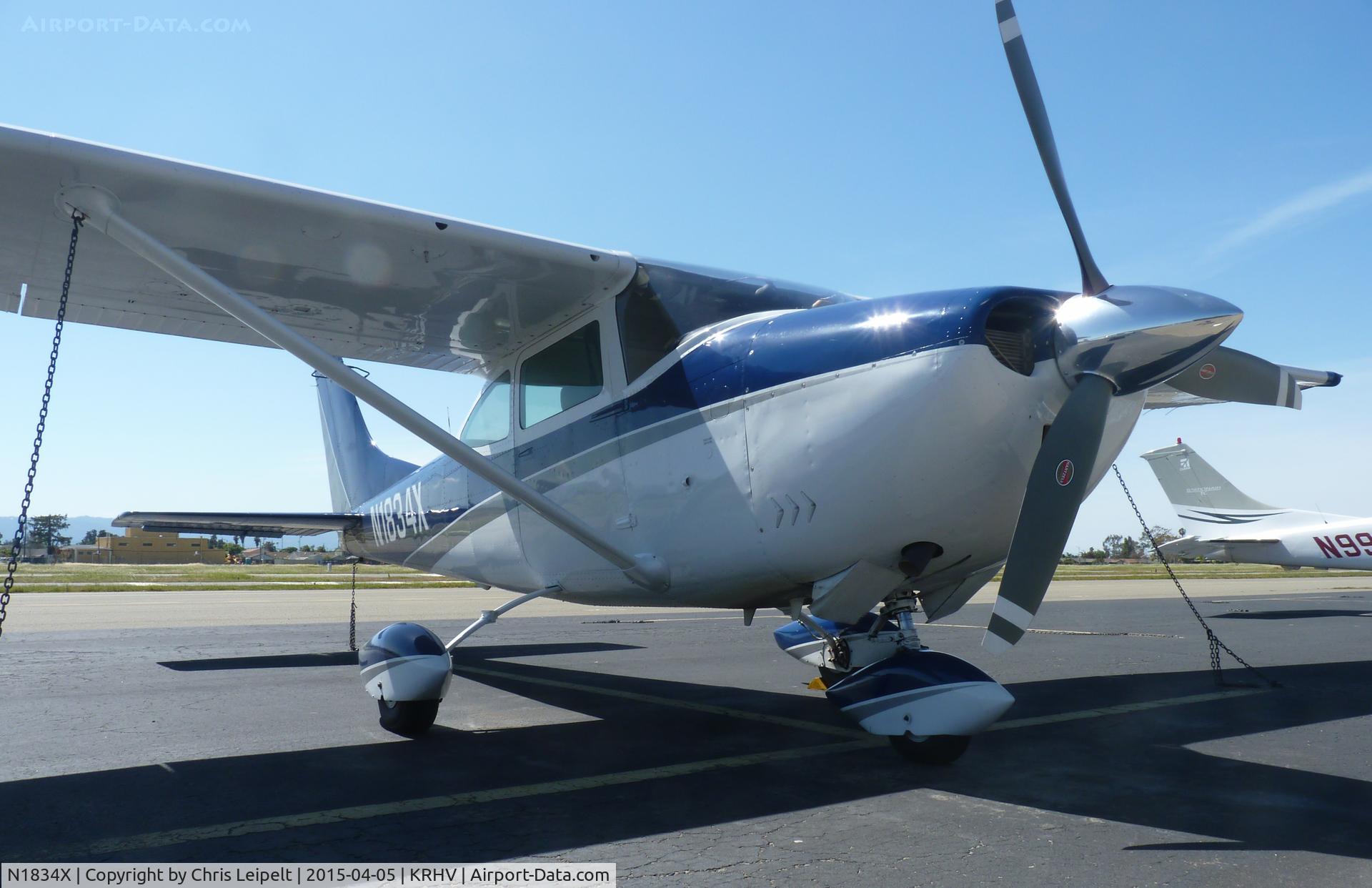 N1834X, 1964 Cessna 182H Skylane C/N 18255934, A transient 1964 Cessna 182H with a new paint tied down at transient parking at Reid Hillview Airport, CA.