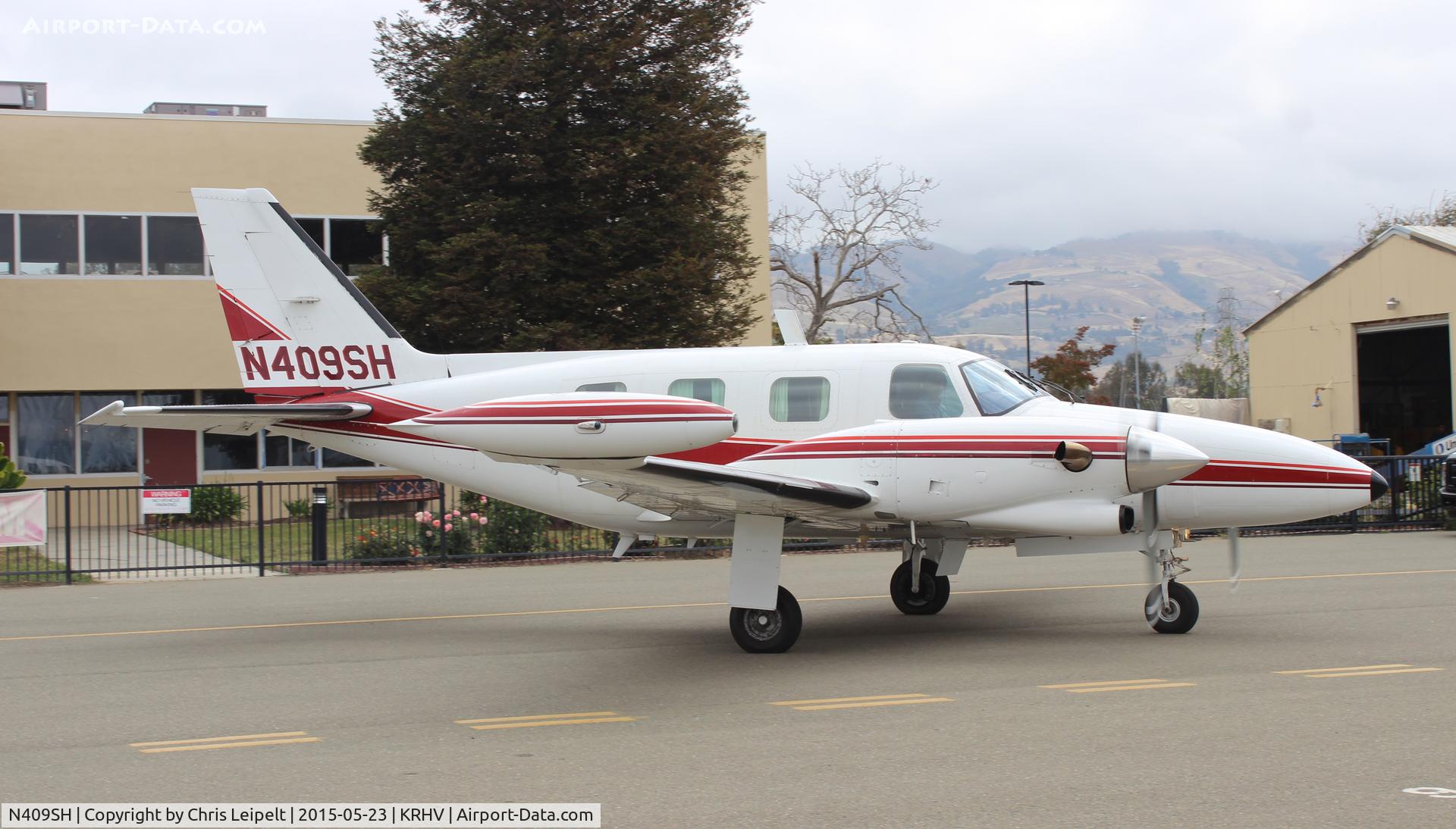 N409SH, 1981 Piper PA-31T1 Cheyenne I C/N 31T-8104052, A transient 1981 Piper Cheyenne (Cincinnati, Ohio)  taxing to transient parking after a short IFR flight from Petaluma at Reid Hillview Airport, CA.