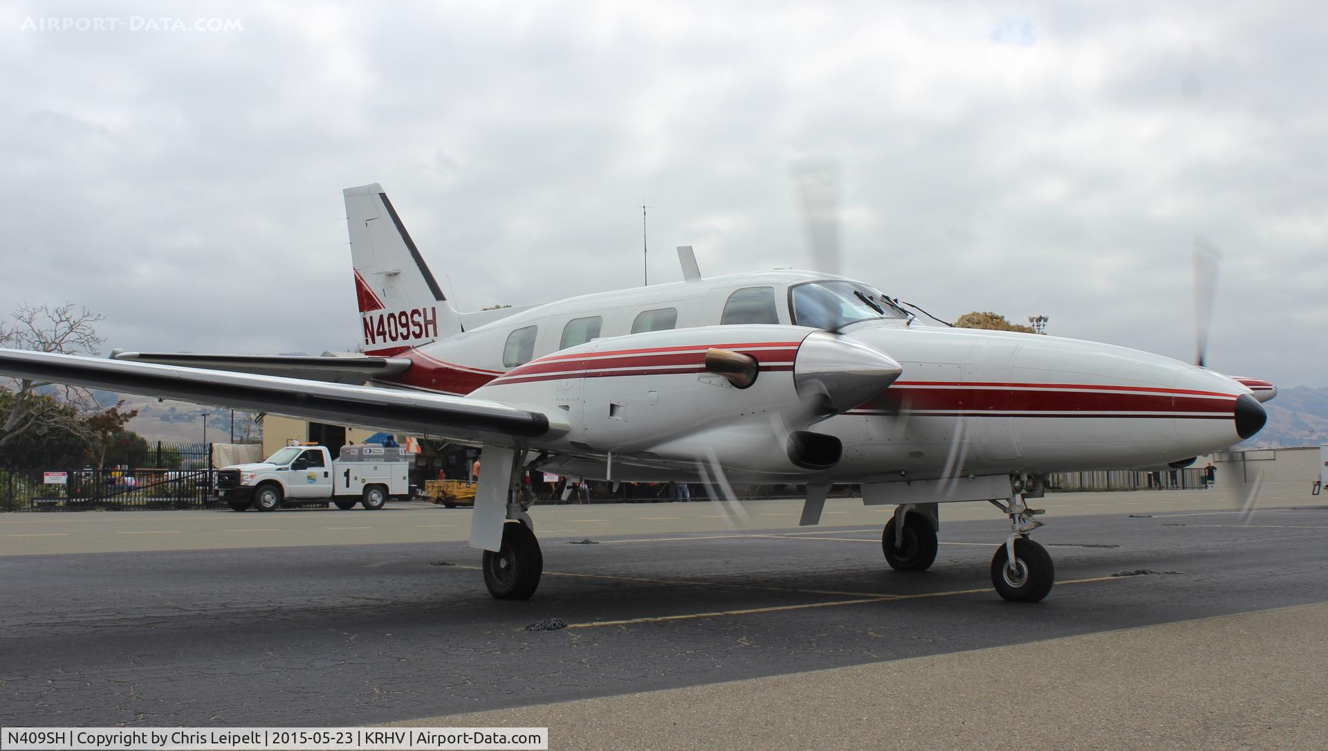 N409SH, 1981 Piper PA-31T1 Cheyenne I C/N 31T-8104052, A transient 1981 Piper Cheyenne (Cincinnati, Ohio)  taxing to transient parking after a short IFR flight from Petaluma at Reid Hillview Airport, CA.