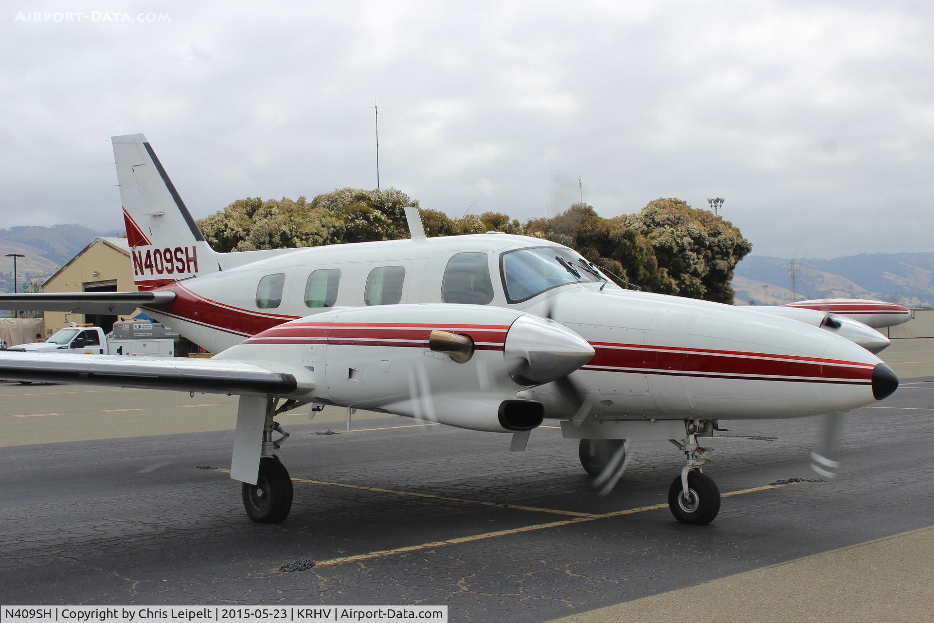 N409SH, 1981 Piper PA-31T1 Cheyenne I C/N 31T-8104052, A transient 1981 Piper Cheyenne (Cincinnati, Ohio)  taxing to transient parking after a short IFR flight from Petaluma at Reid Hillview Airport, CA.