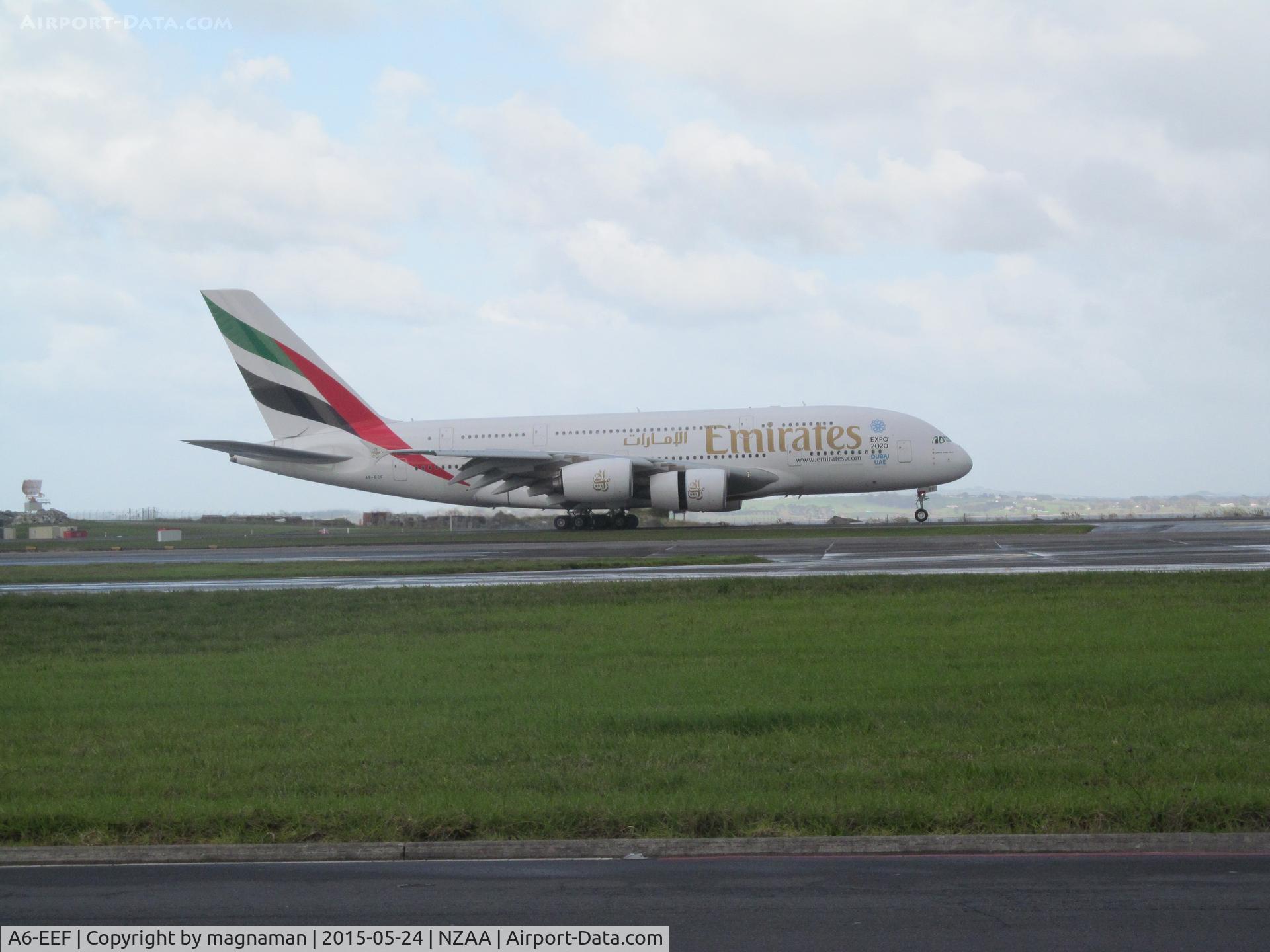 A6-EEF, 2012 Airbus A380-861 C/N 113, touchdown at AKL - sunday