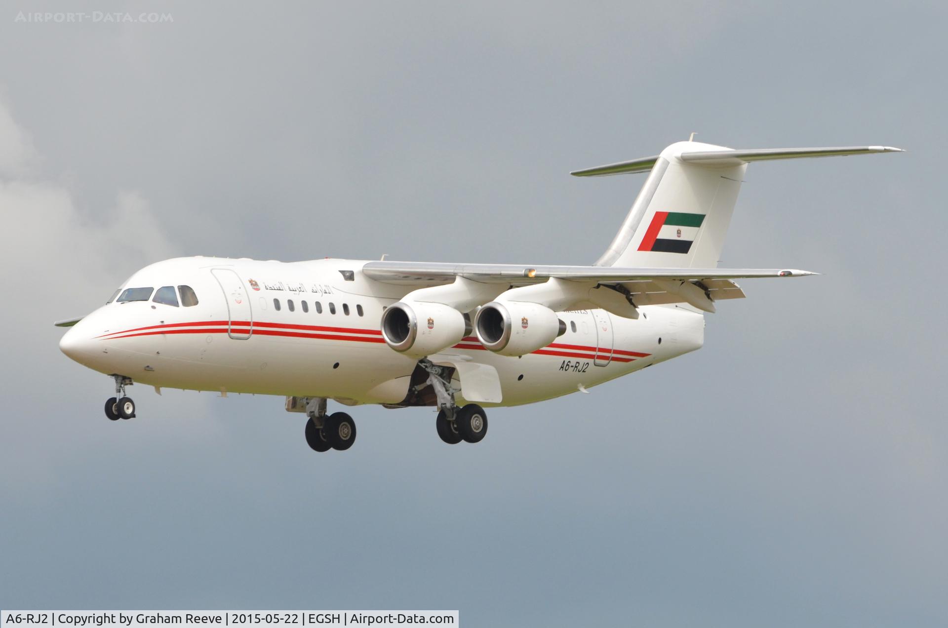 A6-RJ2, 1998 British Aerospace Avro 146-RJ85A C/N E2325, About to land at Norwich.