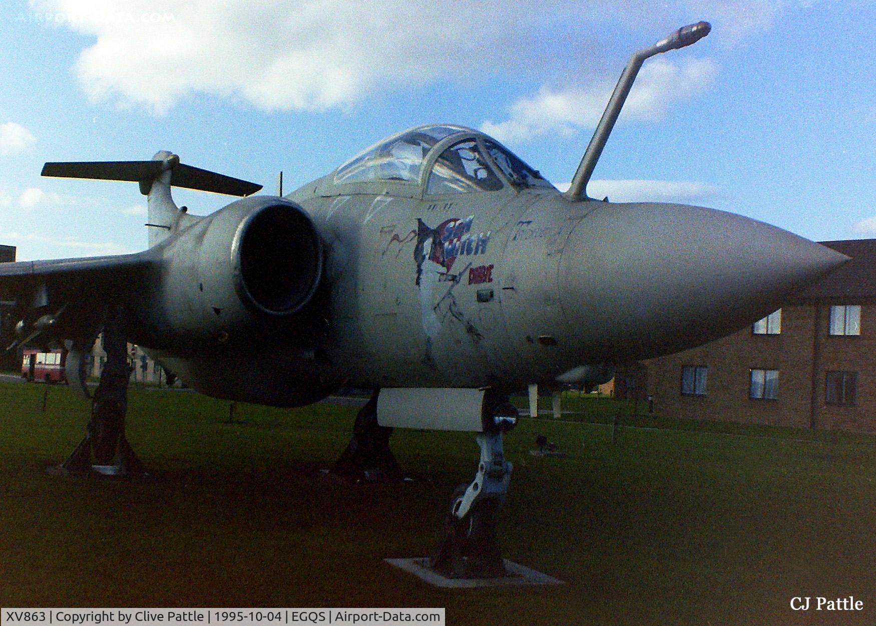 XV863, 1968 Hawker Siddeley Buccaneer S.2B C/N B3-12-67, Pictured on Gate Guard duties at RAF Lossiemouth in October 1995. Scanned from old neg hence poor quality but uploaded for historical purposes.