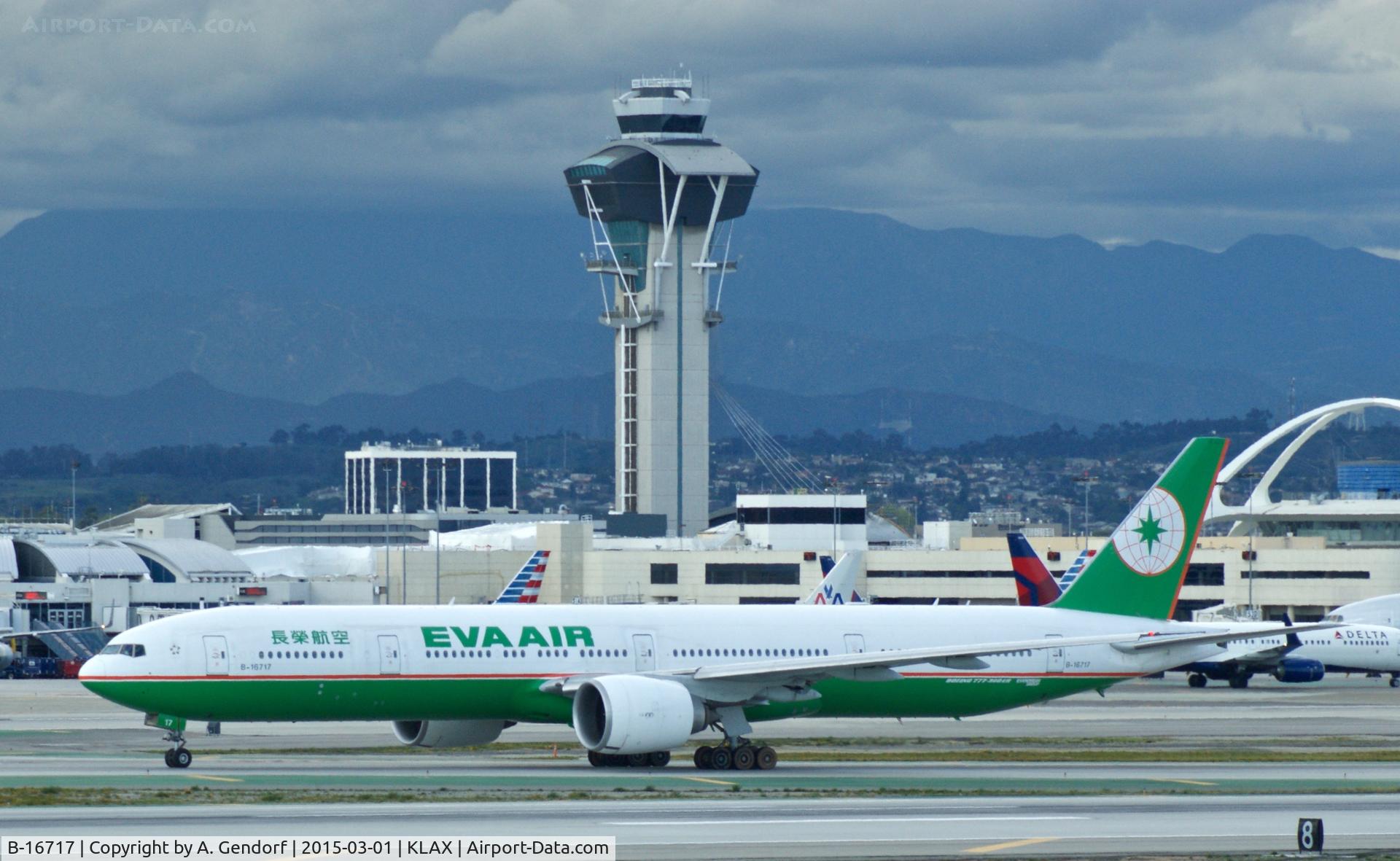 B-16717, 2010 Boeing 777-35E/ER C/N 32644, EVA Airways, is here shortly after landing at Los Angeles Int'l(KLAX) in front of the Tower