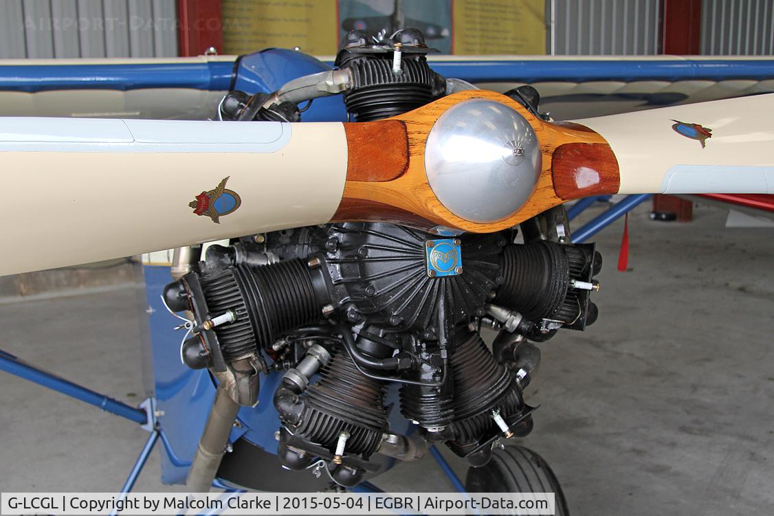 G-LCGL, 1993 Comper CLA7 Swift Replica C/N PFA 103-11089, Comper CLA7 Swift Replica. A close-up of the Pobjoy Niagara radial engine. At The Real Aeroplane Club's Auster Fly-In, Breighton Airfield, May 4th 2015.