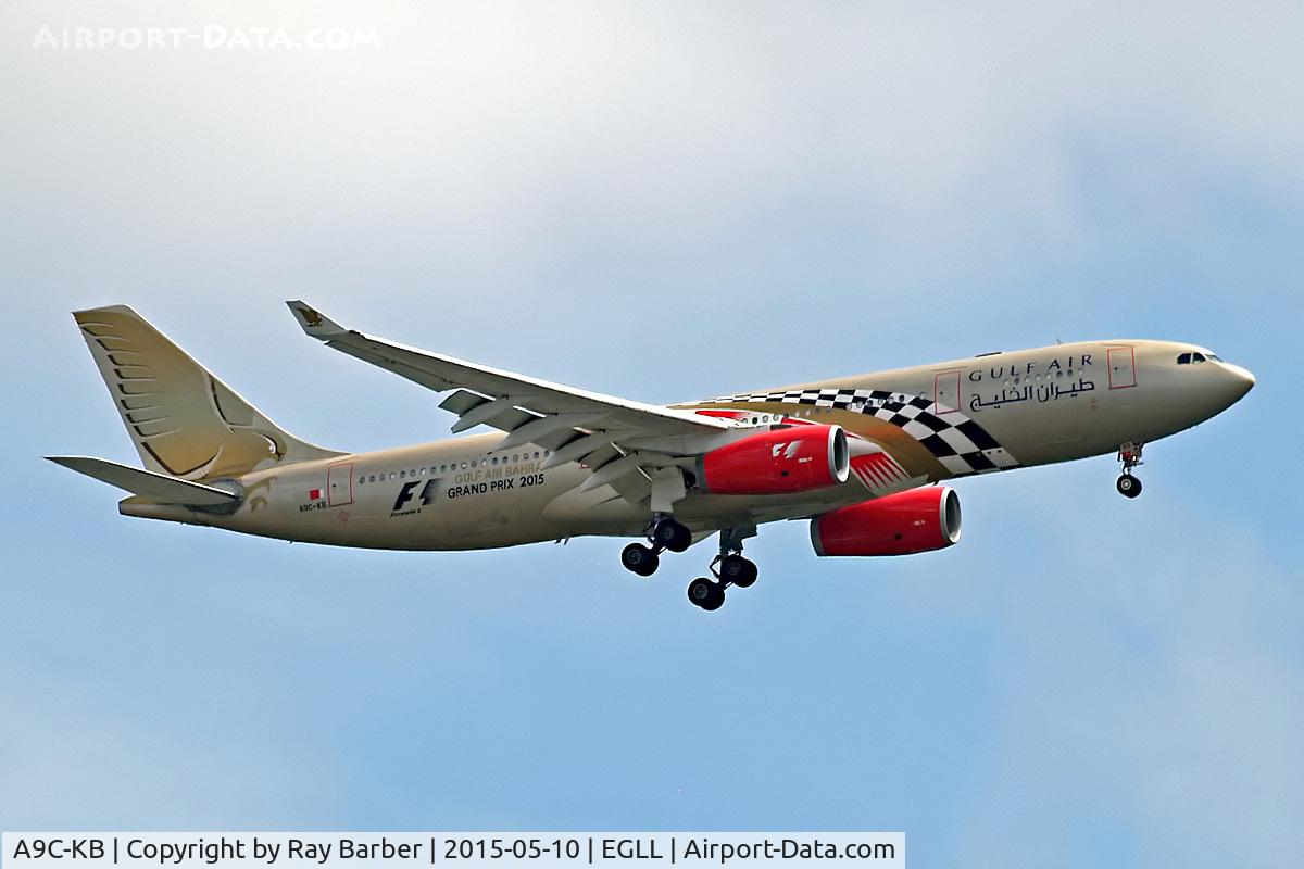 A9C-KB, 1999 Airbus A330-243 C/N 281, Airbus A330-243 [281] (Gulf Air) Home~G 19/05/2015 On approach 27L.  Wearing F1 2015 Grand Prix titles.
