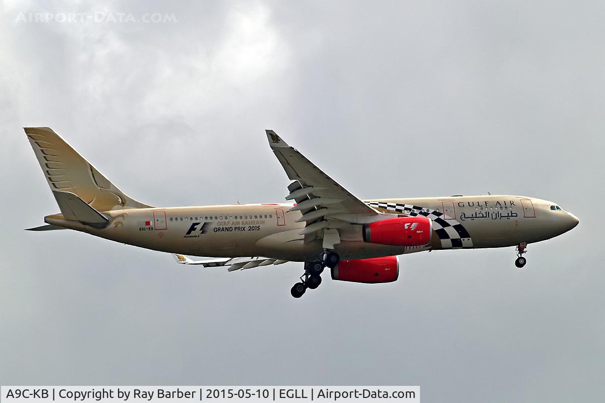 A9C-KB, 1999 Airbus A330-243 C/N 281, Airbus A330-243 [281] (Gulf Air) Home~G 19/05/2015 On approach 27L.  Wearing F1 2015 Grand Prix titles.
