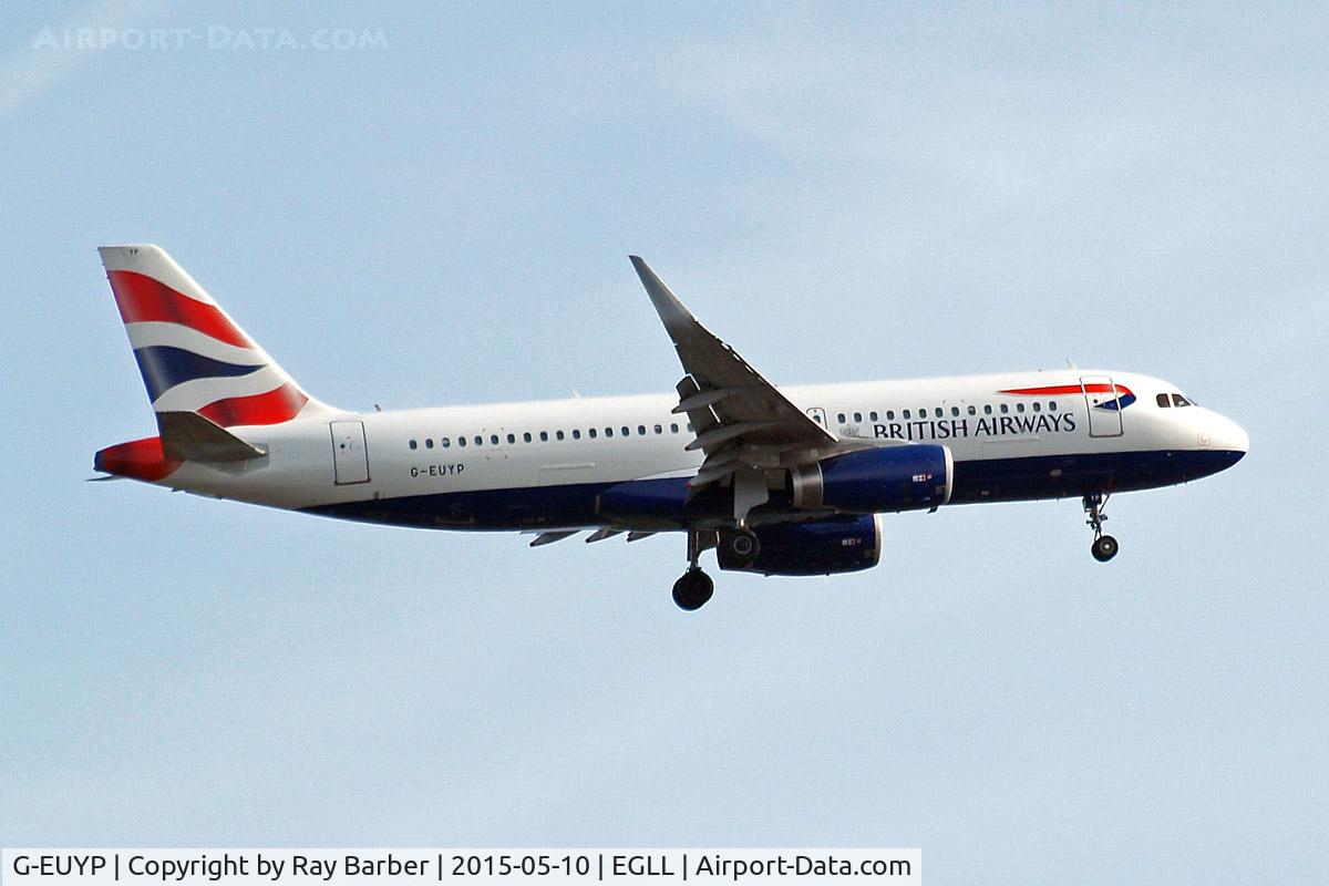 G-EUYP, 2013 Airbus A320-232 C/N 5784, Airbus A320-232(SL) [5784] (British Airways) Home~G 10/05/2015. Sharklets retro fitted between March and May 2015. On approach 27L.
