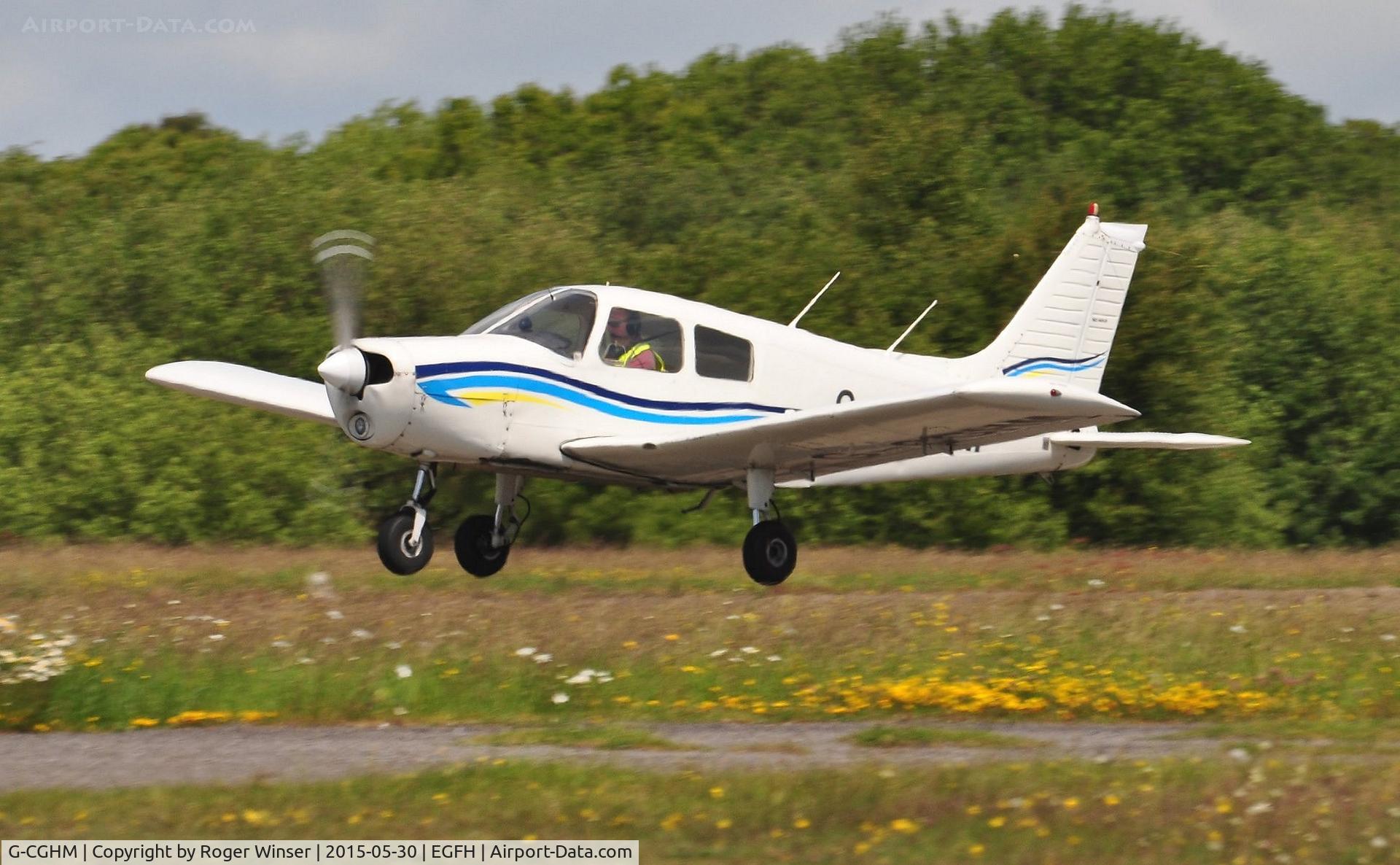 G-CGHM, 1974 Piper PA-28-140 Cherokee Cruiser C/N 28-7425143, Visiting Cherokee departing Runway 22.
Previously registered PH-NSM.