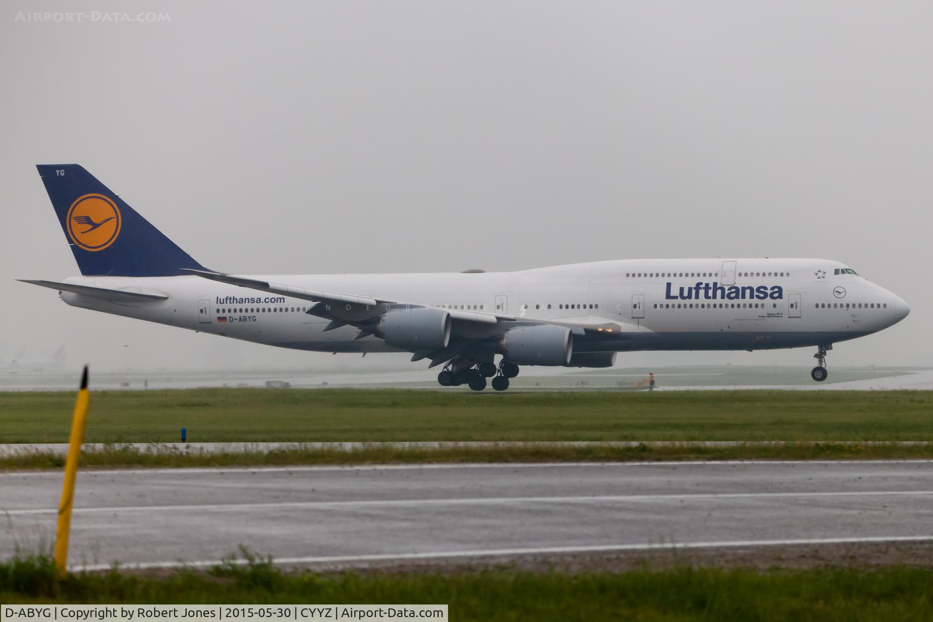 D-ABYG, 2013 Boeing 747-830 C/N 37831, Landing in the wet on runway 23 at Toronto Pearson.