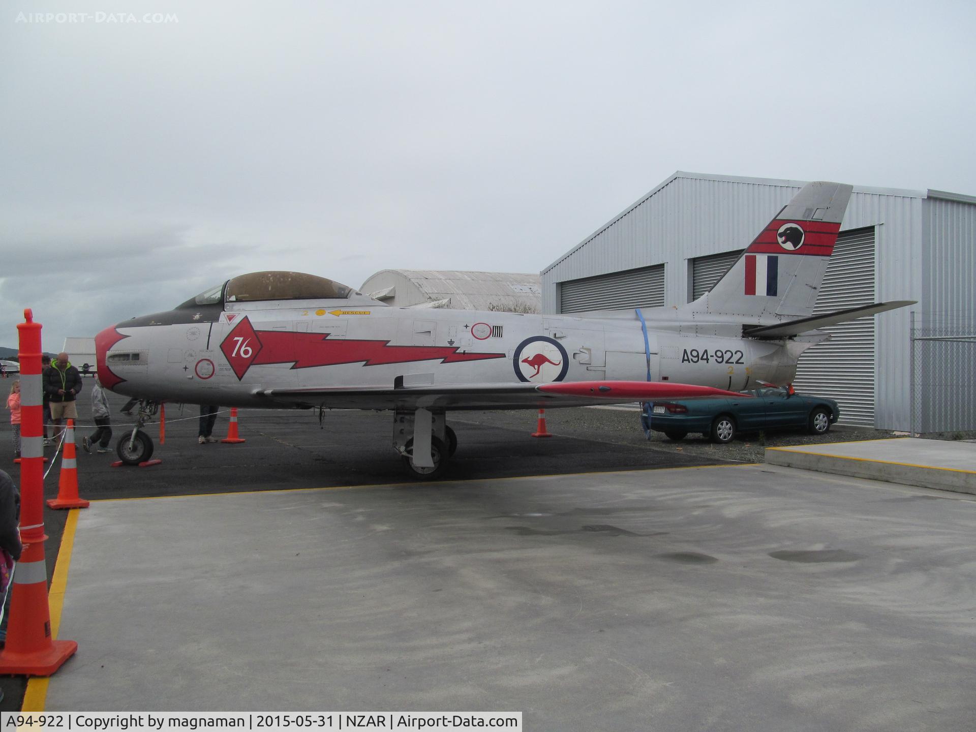 A94-922, 1955 Commonwealth CA-27 Sabre Mk.31 C/N CA27-22, next to ZK-TAF on apron