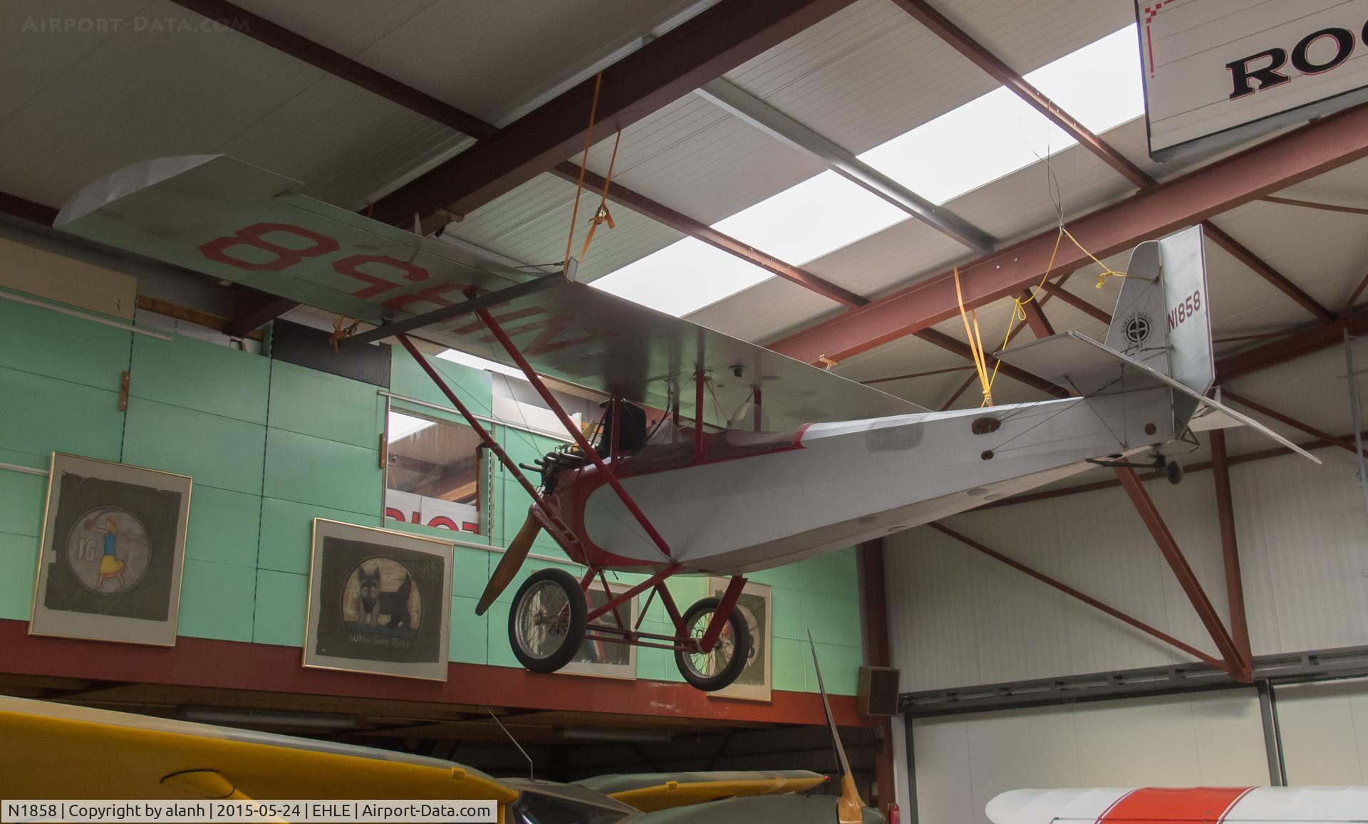 N1858, Pietenpol Air Camper C/N A7-1968, Suspended from the roof of the Foundation 'Early Birds' hangar in Lelystad