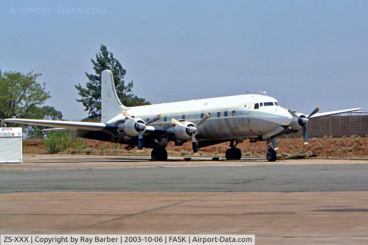 ZS-XXX, 1957 Douglas DC-6B C/N 45329, Douglas DC-6B [45329] (South African Airways Historic Flight) Swartkop~ZS 06/10/2003. Now displayed outside Drakensburg Truck Manufacturers Pretoria-Wallmannsthal~ZS