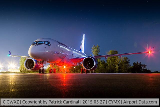 C-GWXZ, 2013 Bombardier CSeries CS100 (BD-500-1A10) C/N 50005, Getting ready for Paris, FTV5 is on the ramp during night operations at Bombardier's Mirabel facility.