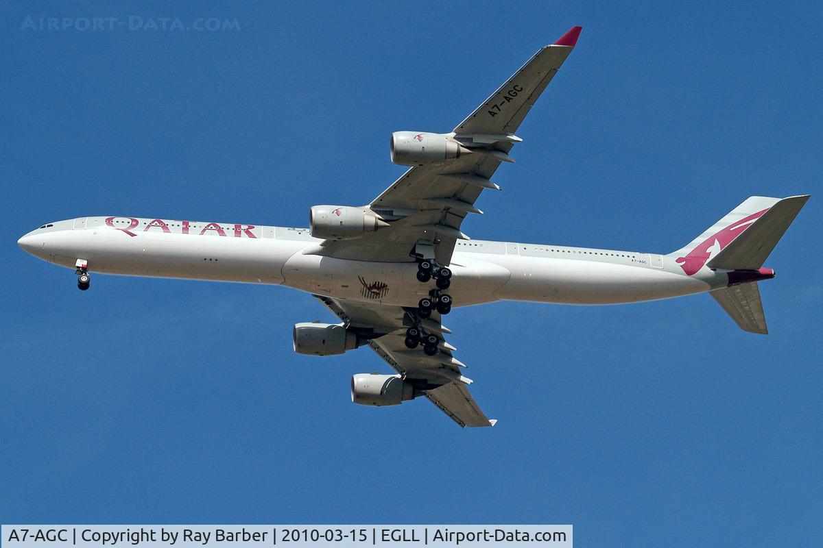 A7-AGC, 2006 Airbus A340-642 C/N 766, Airbus A340-642 [766] (Qatar Airways) Home~G 16/03/2010. Earlier design on the underbelly. On approach 27R.