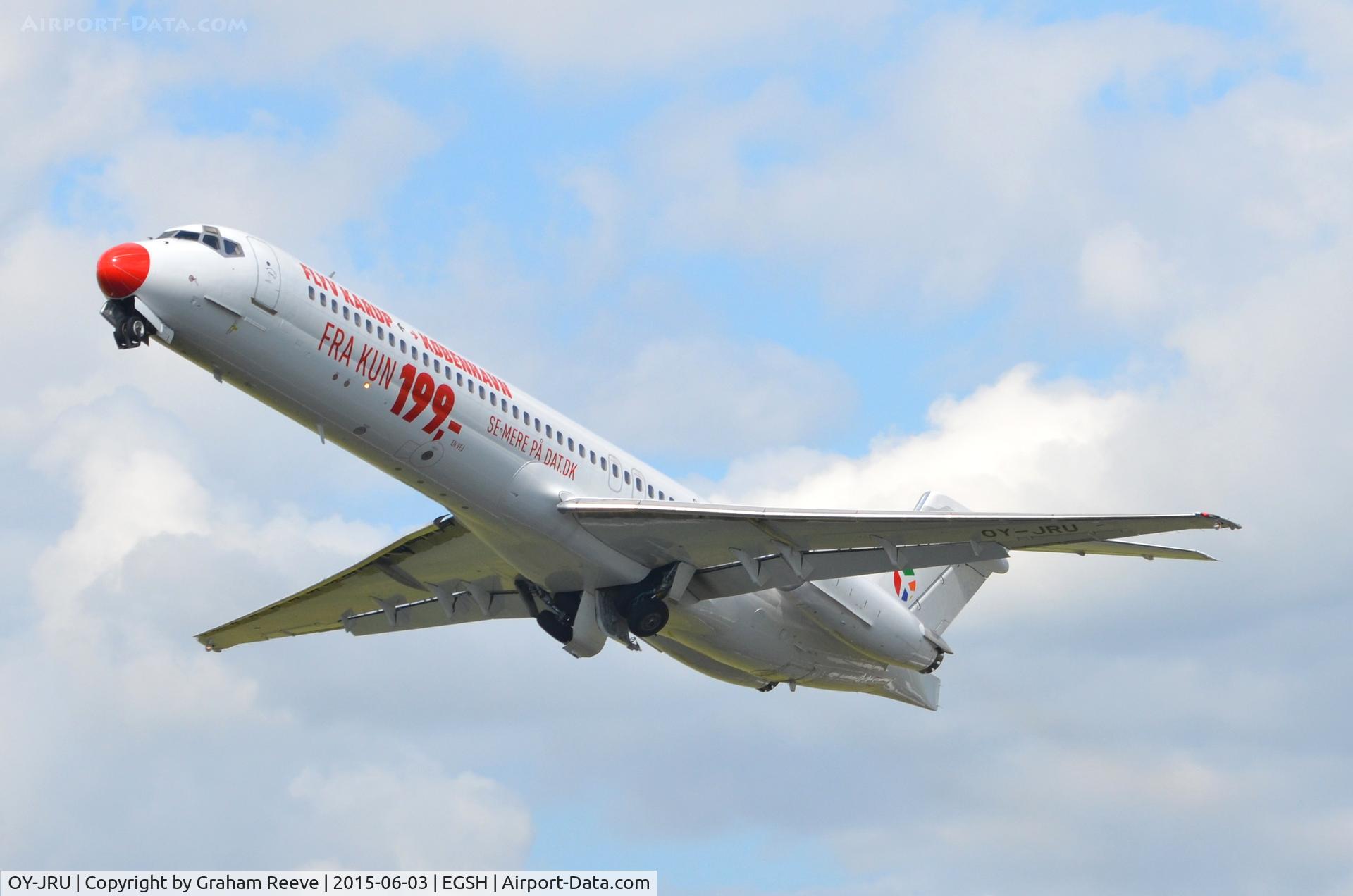 OY-JRU, 1987 McDonnell Douglas MD-87 (DC-9-87) C/N 49403, Departing from Norwich.