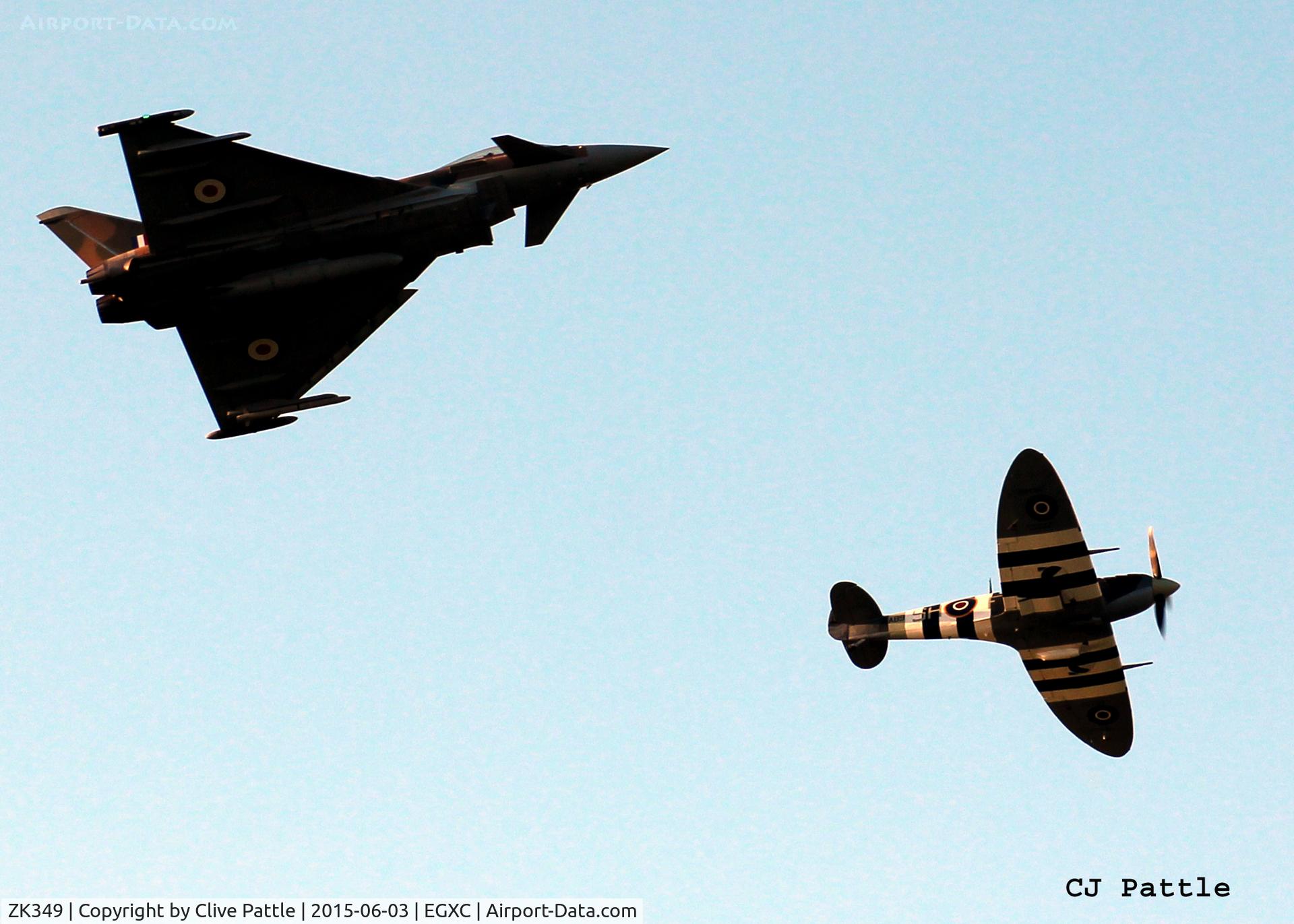 ZK349, Eurofighter EF-2000 Typhoon FGR.4 C/N BS110/399, Shown in special marks for the 2015 display season, this 29 R Sqn a/c is seen in display practice formation with the BBMF Spitfire AB910. The duo will be known as synchro75.ZK349 in the markings of the Hawker Hurricance flown by F/L James Nicholson VC, 