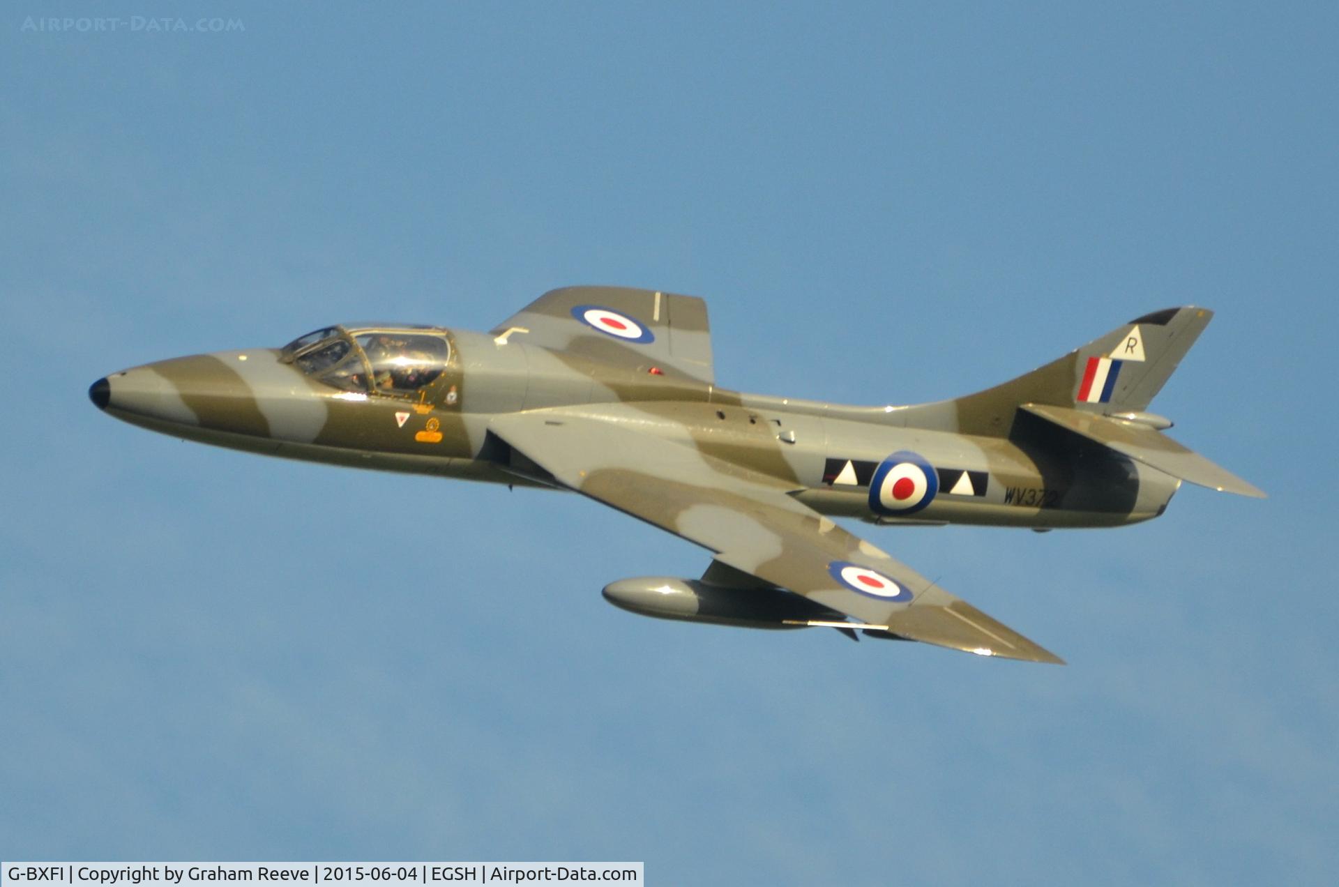 G-BXFI, 1955 Hawker Hunter T.7 C/N 41H-670818, Flying off field at Wensum Valley.