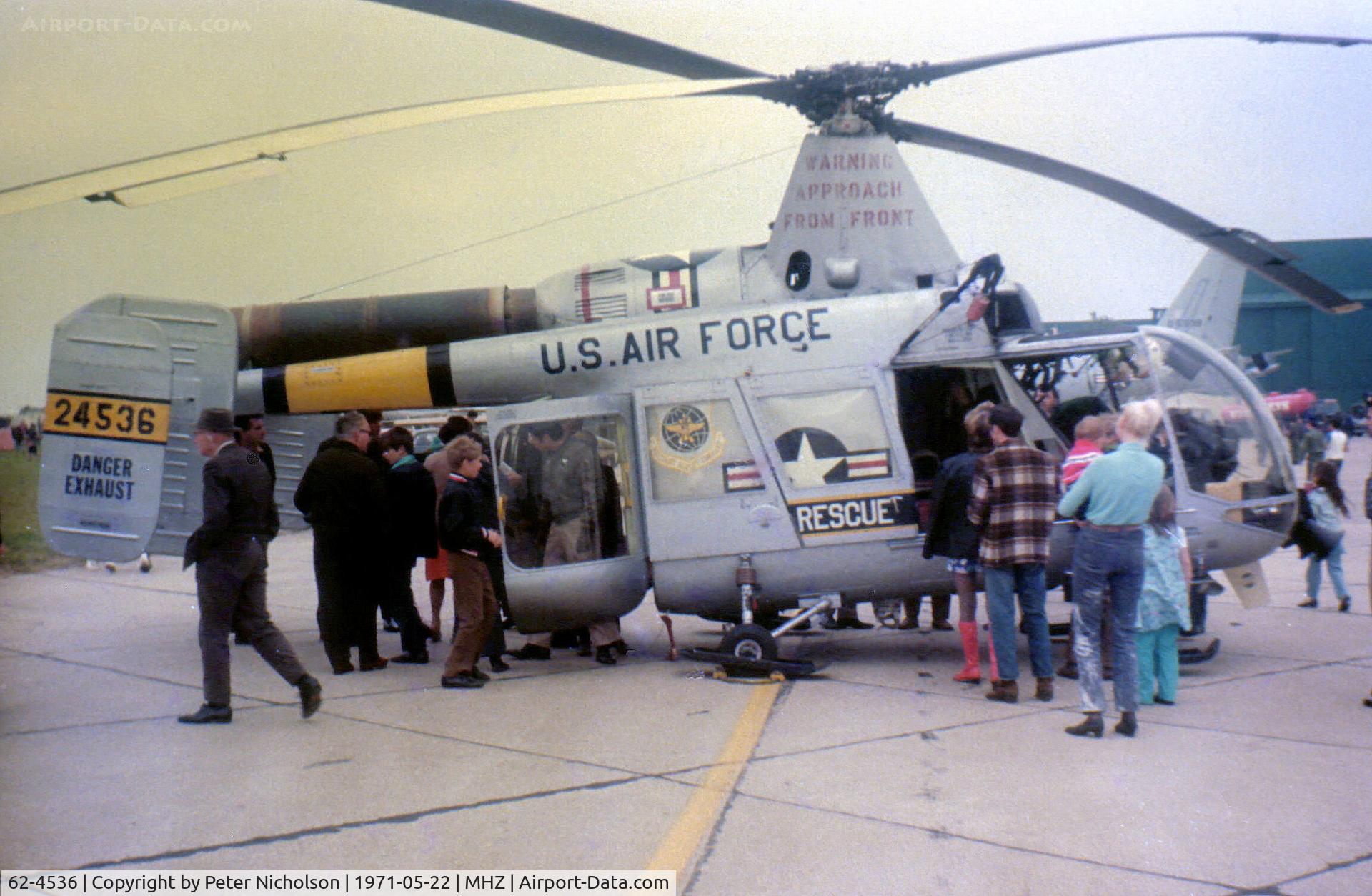 62-4536, 1962 Kaman HH-43B Huskie C/N 162, HH-43B Huskie of Detachment 3 40th Air Rescue & Recovery Wing based at RAF Lakenheath on display at the 1971 RAF Mildenhall Air Fete.