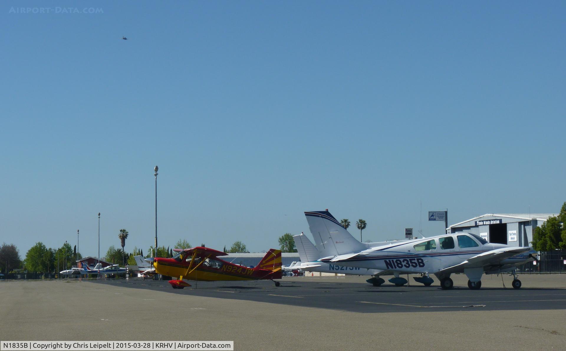 N1835B, 1977 Beech 95-B55 (T42A) Baron C/N TC-2076, A transient 1977 Beechcraft Baron 55 (Grass Valley, CA) visiting Reid Hillview Airport, CA with an overview of transient parking.
