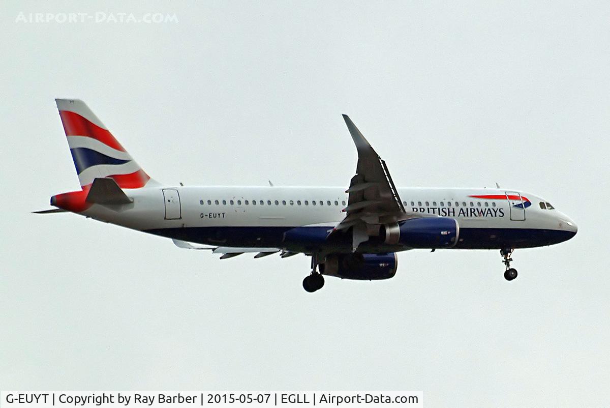 G-EUYT, 2014 Airbus A320-232 C/N 5985, G-EUYT   Airbus A320-232(SL) [5985] (British Airways) Home~G 07/05/2015. On approach 27L. Retrofitted sharklets.
