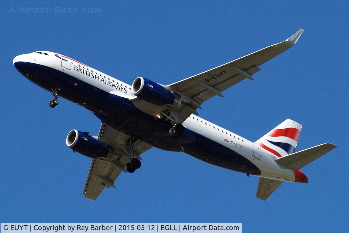 G-EUYT, 2014 Airbus A320-232 C/N 5985, Airbus A320-232(SL) [5985] (British Airways) Home~G 12/05/2015. On approach 27R with retrofitted sharklets.