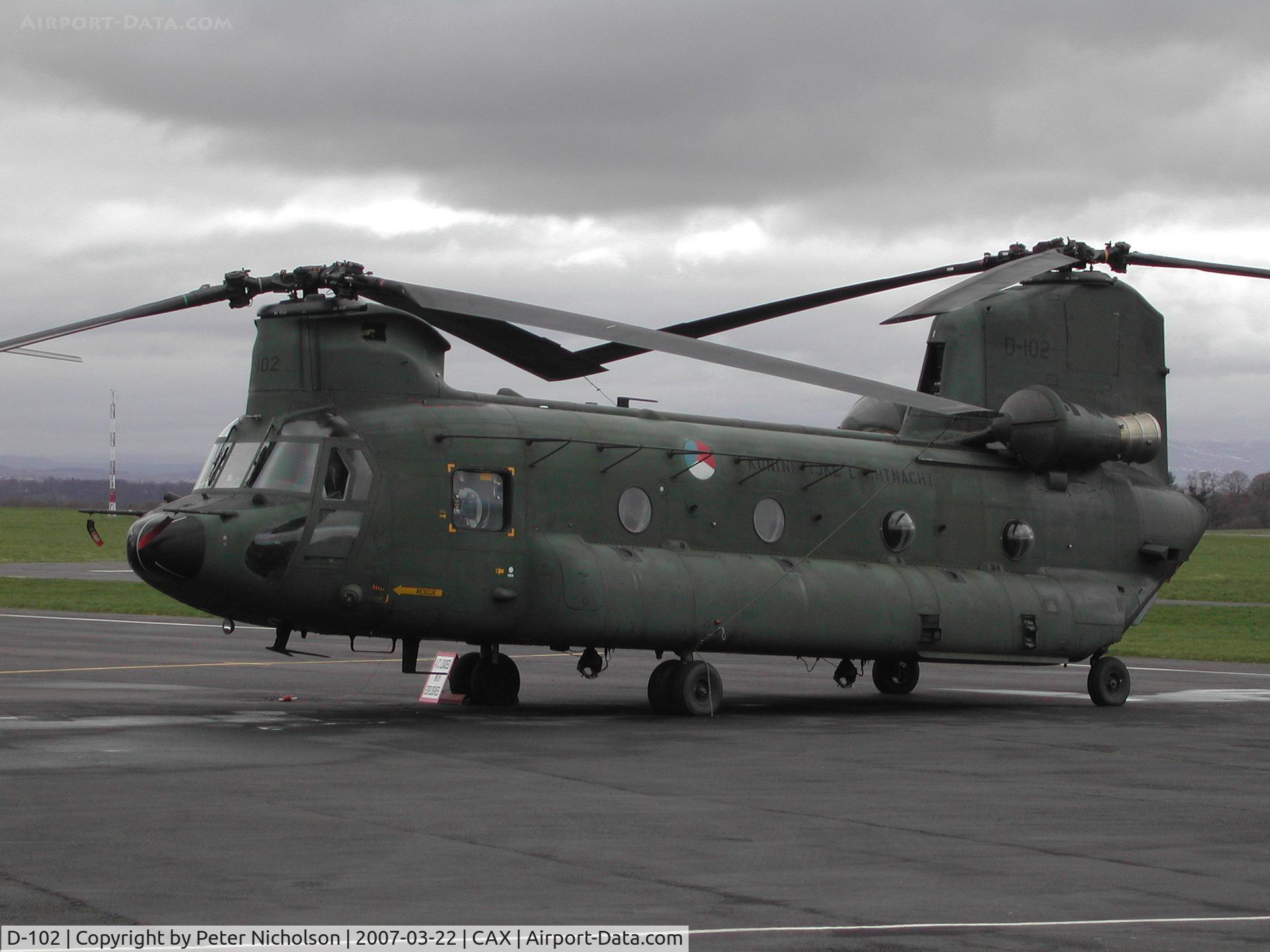 D-102, Boeing CH-47D Chinook C/N M.4102, CH-47D Chinook, callsign Omega, of 298 Squadron Defence Helicopter Command seen at Carlisle in the Spring of 2007.