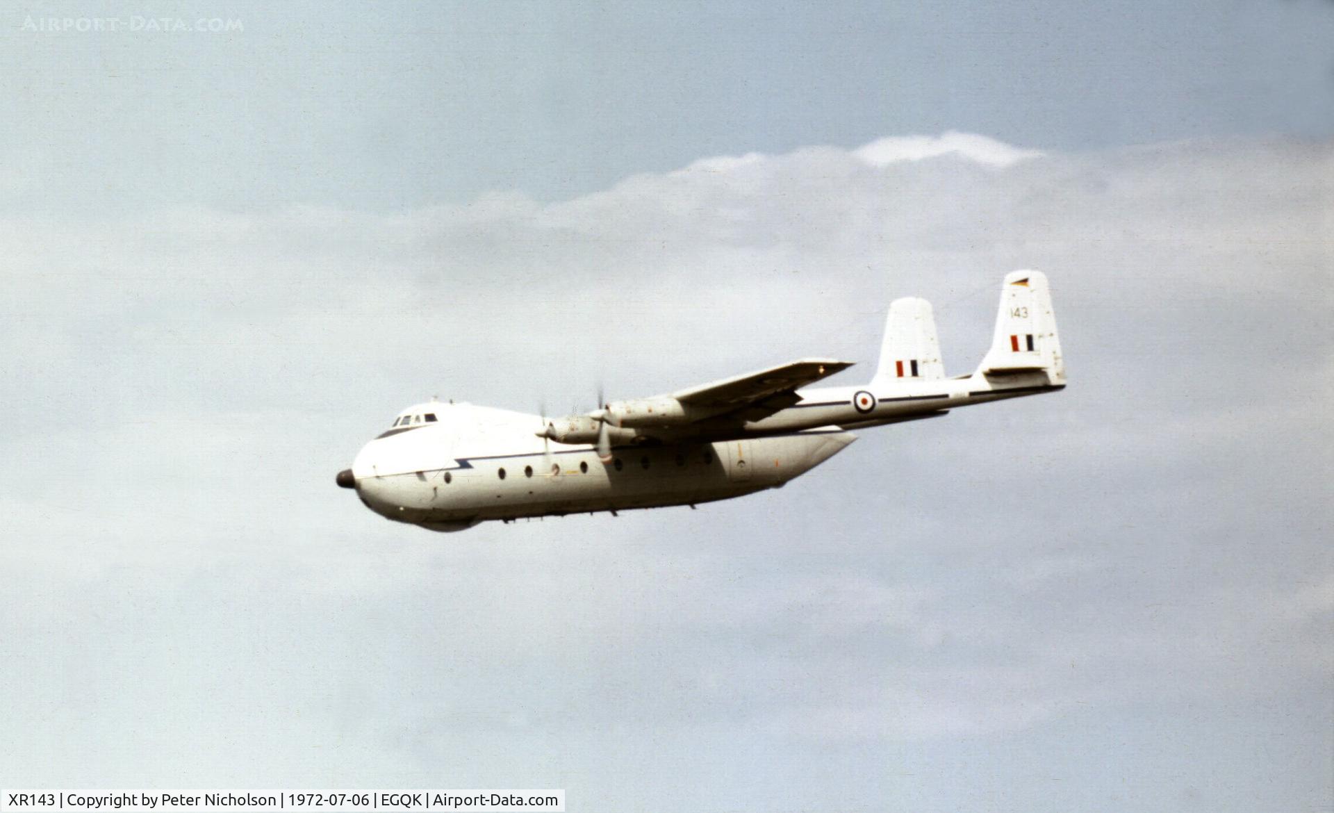 XR143, 1964 Armstrong Whitworth AW660 Argosy E.1 C/N 6798, Argosy E.1 of 115 Squadron on final approach to RAF Kinloss in the Summer of 1972.