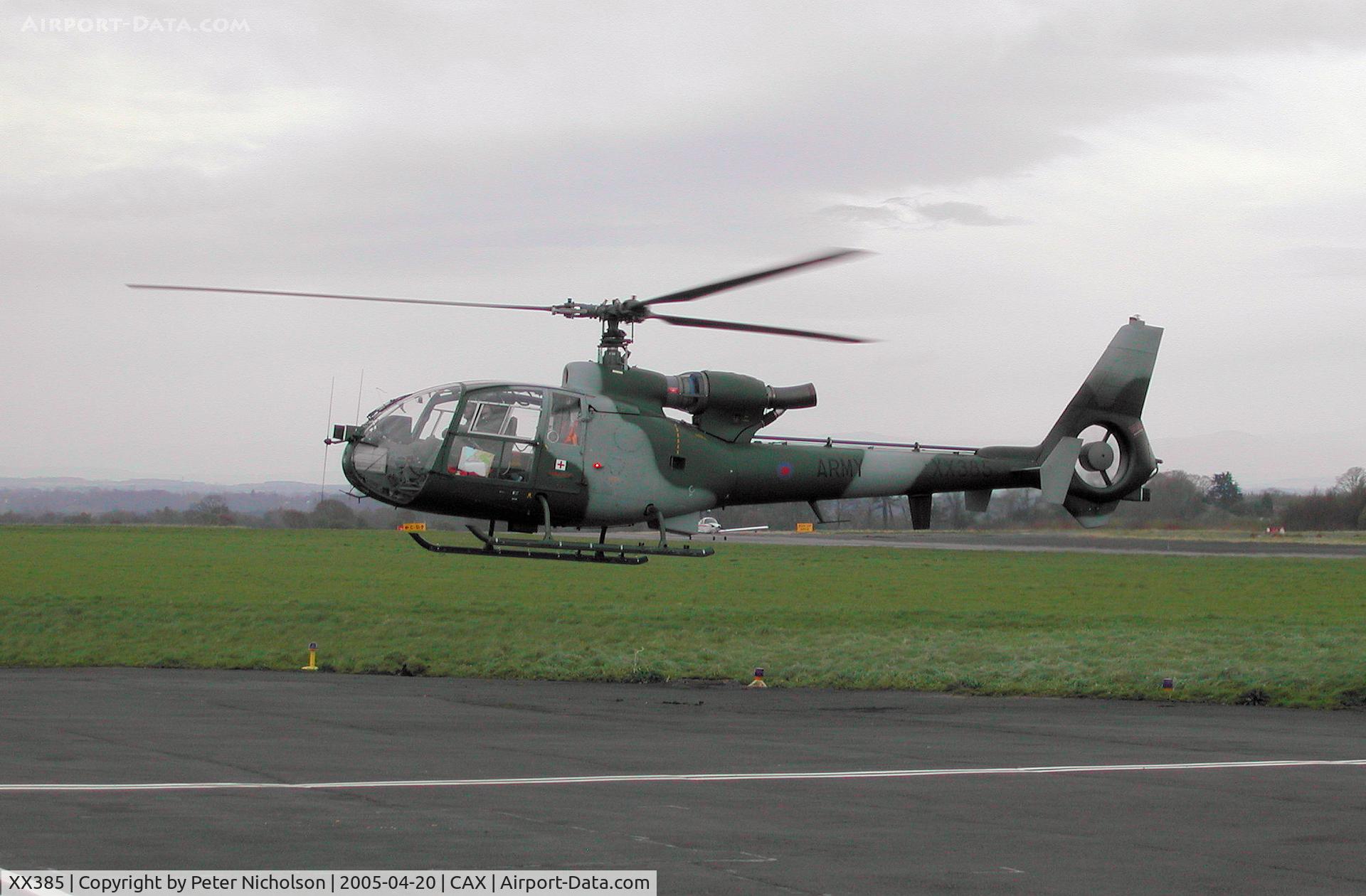 XX385, 1975 Westland SA-341B Gazelle AH1 C/N 1283, Gazelle AH.1, callsign Army Air 640, of 7 Squadron on a visit to Carlisle in April 2005.