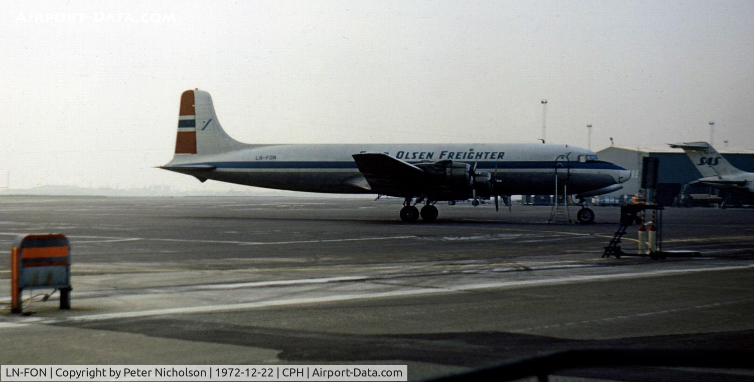 LN-FON, 1958 Douglas DC-6A C/N 45521, Douglas DC-6A of Fred Olsen Air Transport as seen at Kastrup in December 1972.
