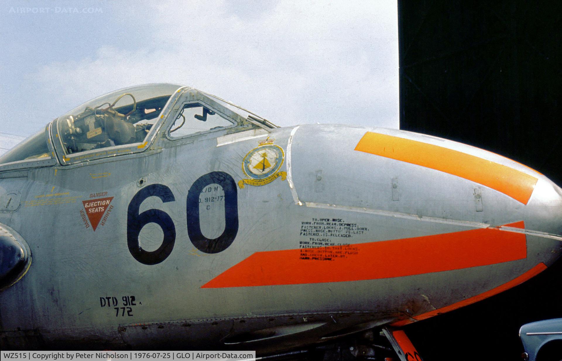 WZ515, 1953 De Havilland DH-115 Vampire T.11 C/N 15102, Vampire T.11 seen s gate guardian at Staverton Airport in the Summer of 1976.