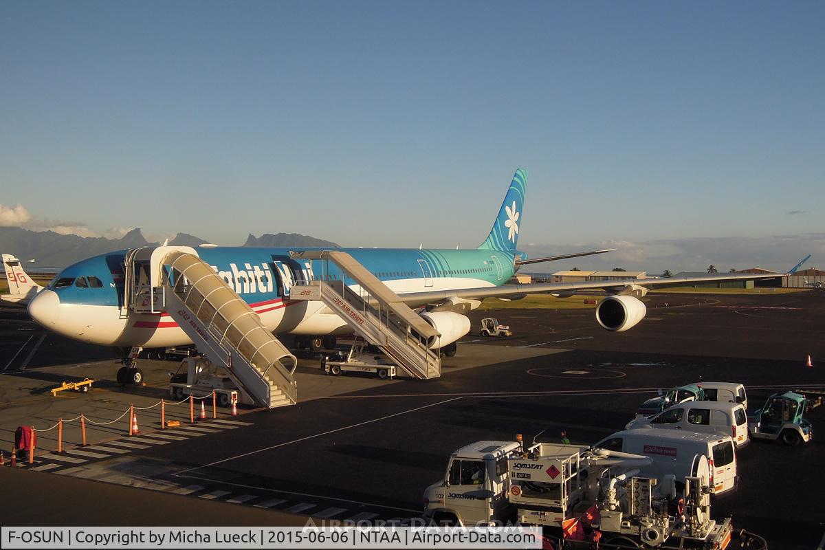 F-OSUN, 2001 Airbus A340-313 C/N 446, At Pape'ete, getting ready for the 6 hour flight to AKL