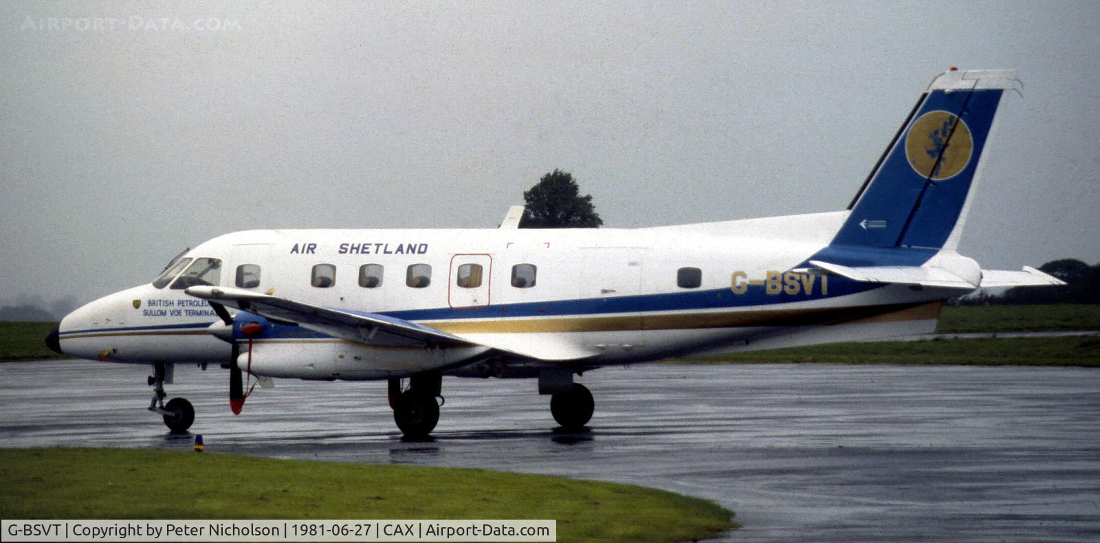 G-BSVT, 1977 Embraer EMB-110P2 Bandeirante C/N 110153, This EMB-110P2 Bandeirante of Air Shetland was seen at Carlisle in the Summer of 1981.