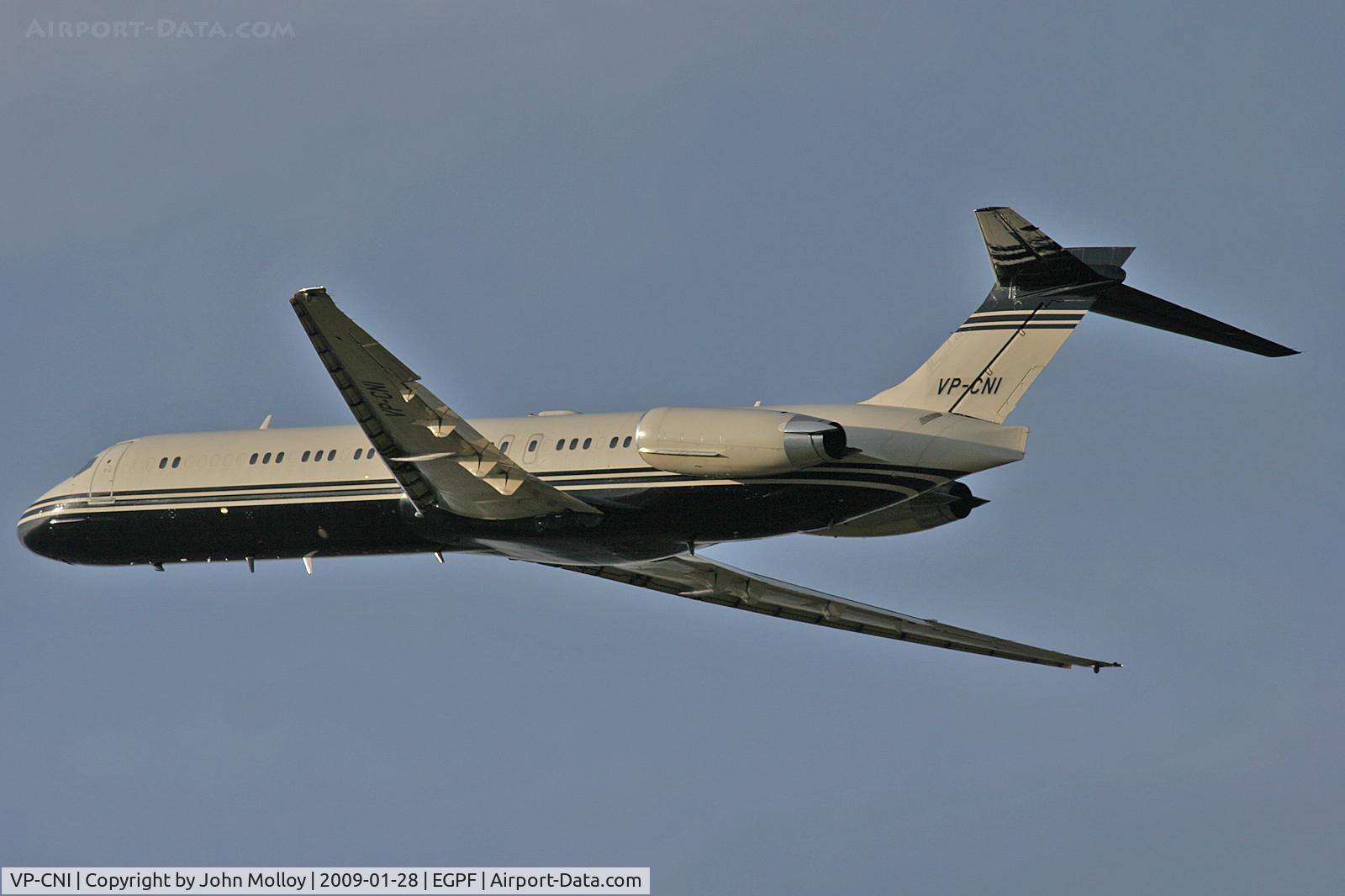 VP-CNI, 1989 McDonnell Douglas MD-87 (DC-9-87) C/N 49767, Departing Glasgow at 2130 hrs.