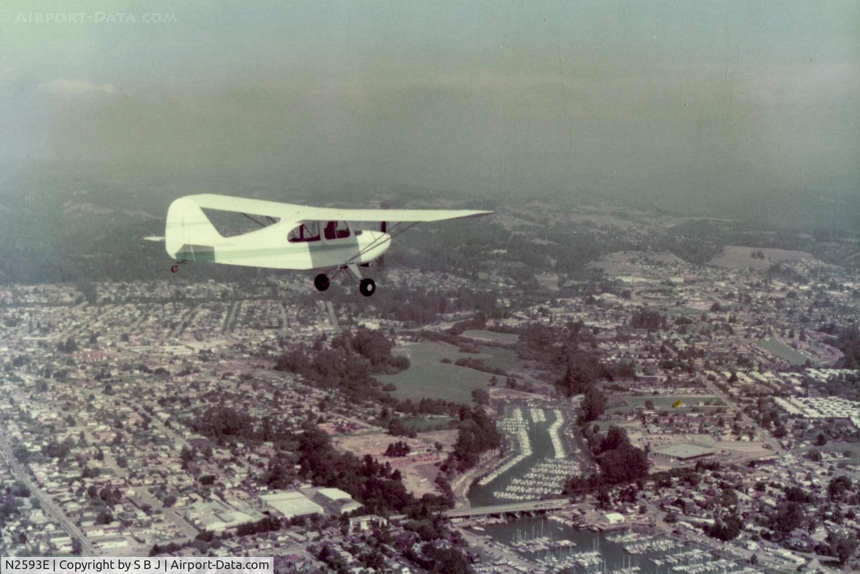 N2593E, 1946 Aeronca 7AC Champion C/N 7AC-6175, 93E as it flys south over Santa Cruz,Calif. A lot of very nice boats down there!!!