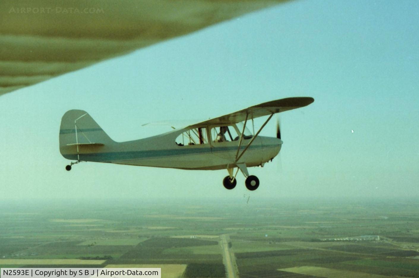 N2593E, 1946 Aeronca 7AC Champion C/N 7AC-6175, 93E pilot Martin skillfuly maneuvers in for an up close picture.It is difficult getting good pictures with only two pilots(not advised),but then again,sometimes you luck out. Interstate 5 is seen below and to the north.
