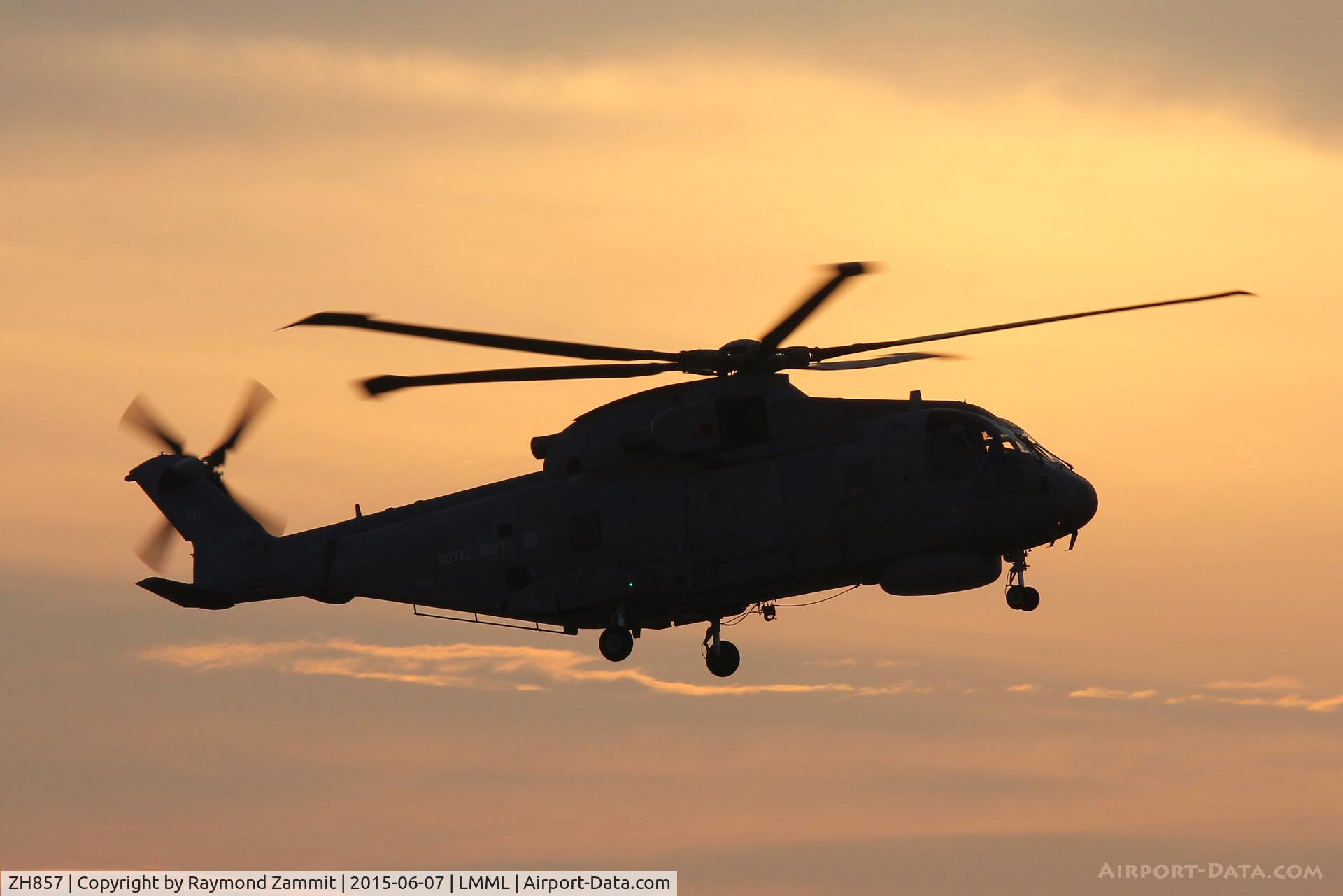 ZH857, AgustaWestland EH-101 Merlin HM.2 C/N 50151/RN37/MCSP17, Agusta Westland EH101 Merlin ZH857 landing in Malta's sunset performing a medevac flight.
