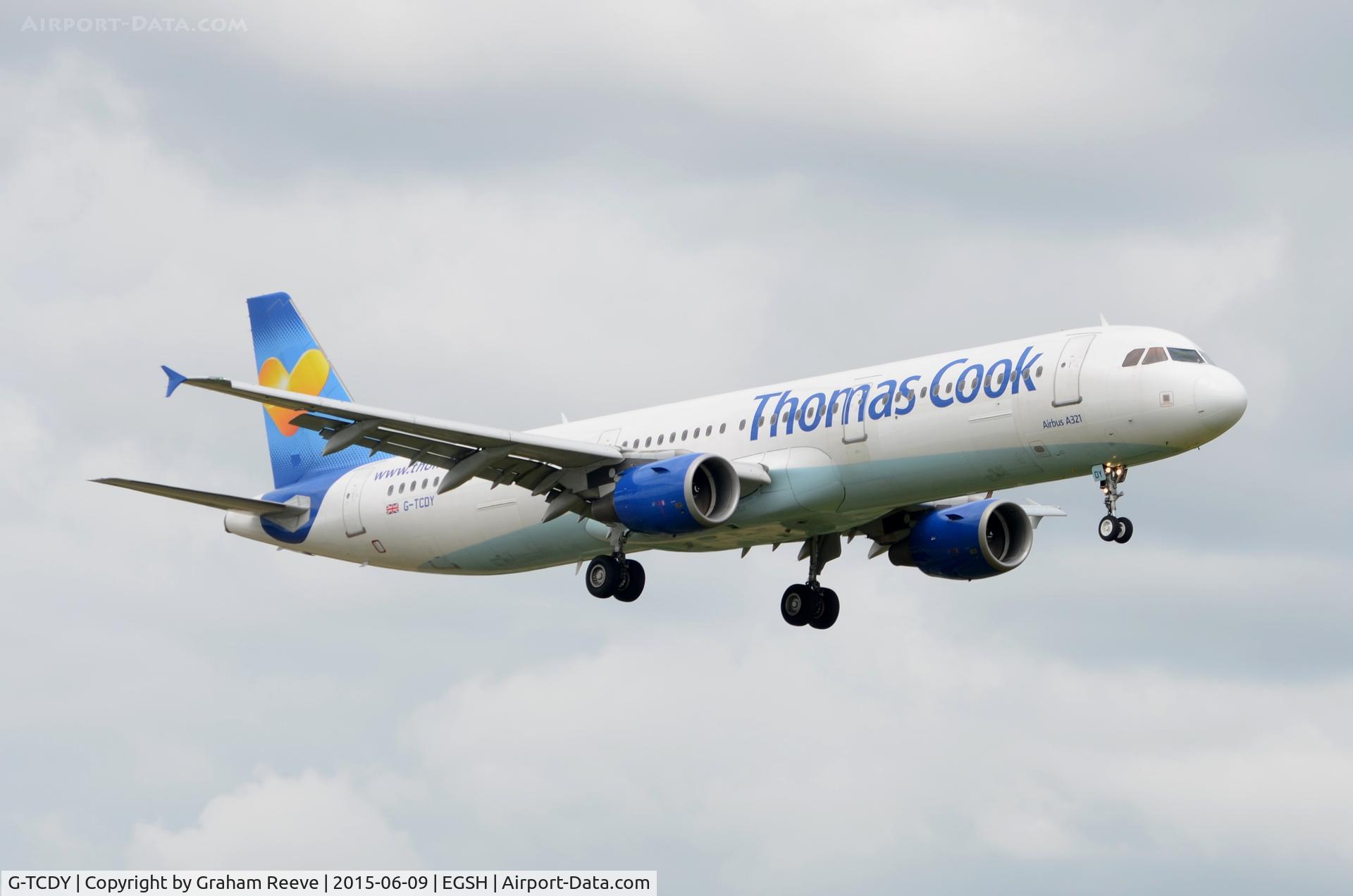 G-TCDY, 2002 Airbus A321-213 C/N 1881, About to land at Norwich.