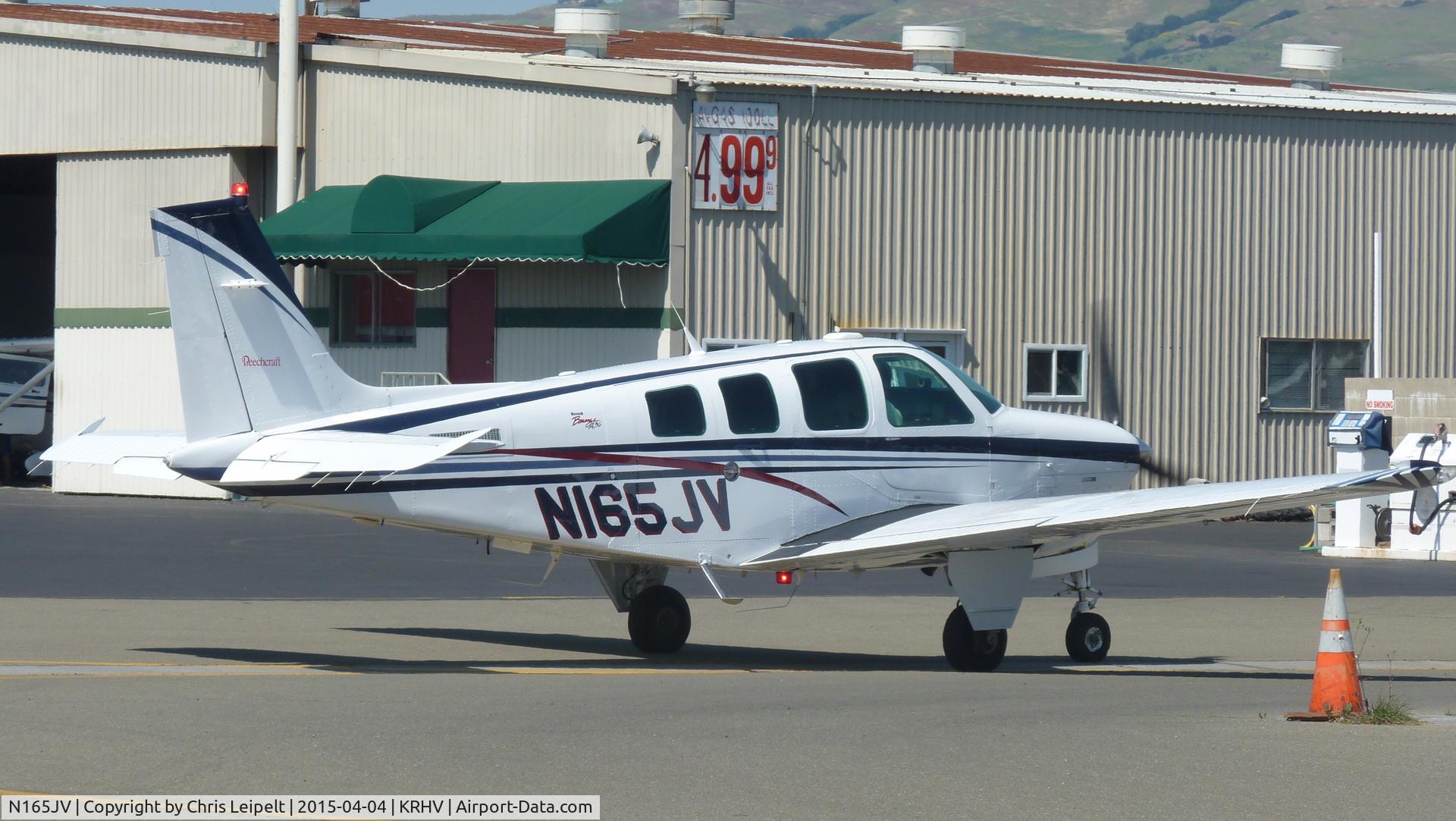 N165JV, 1998 Raytheon Aircraft Company A36 Bonanza C/N E-3180, A transient 1998 Beechcraft A36 Bonanza from Portland, OR taxing to Aero Dynamic Aviation at Reid Hillview Airport, CA.